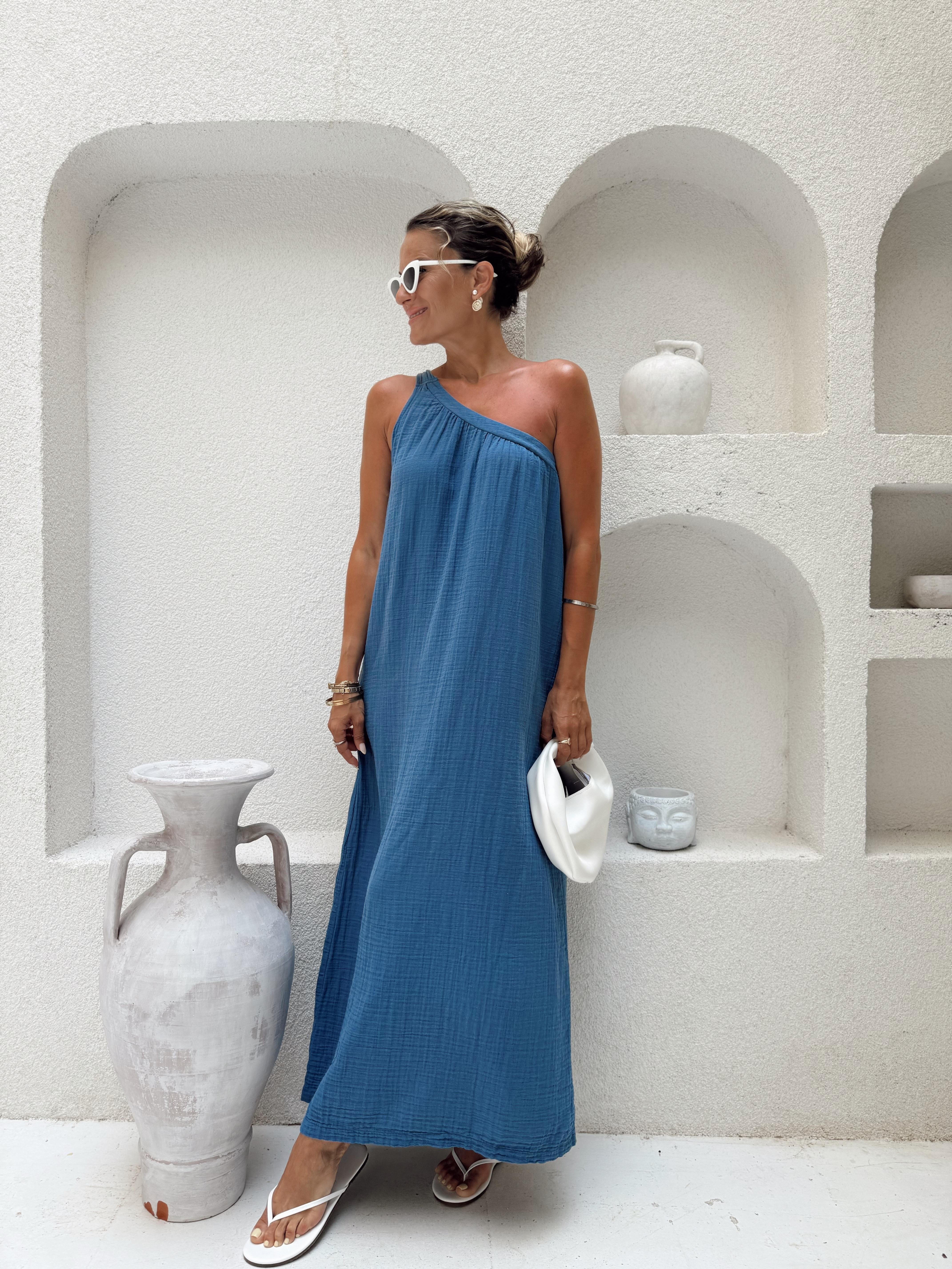 Nişantaşı Butik MAVİ OMUZ BAGLAMA HELEN ELBİSE