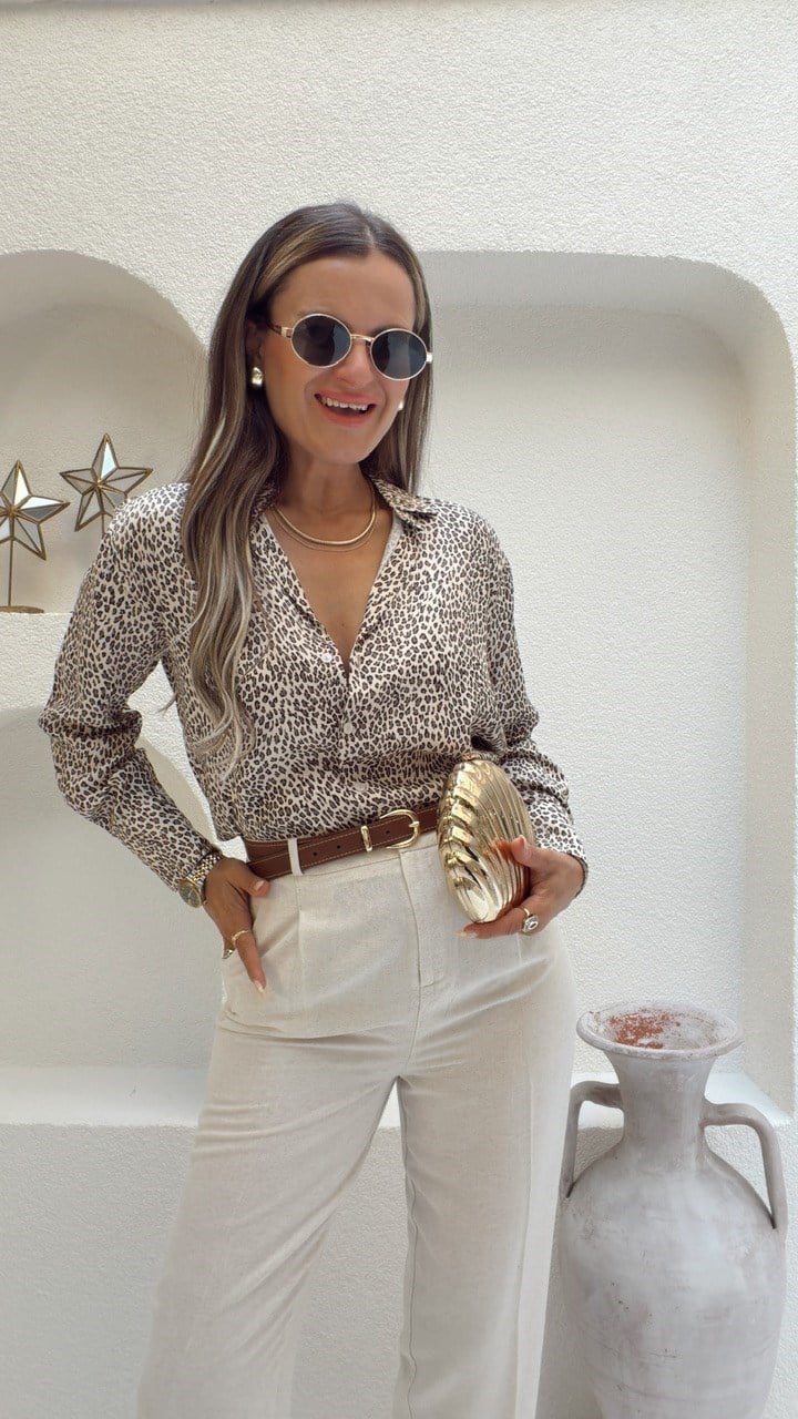 Nişantaşı Butik MİNİMAL LEOPAR DESEN VOLUM SATEN GÖMLEK