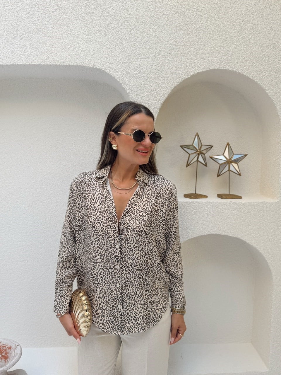 Nişantaşı Butik MİNİMAL LEOPAR DESEN VOLUM SATEN GÖMLEK