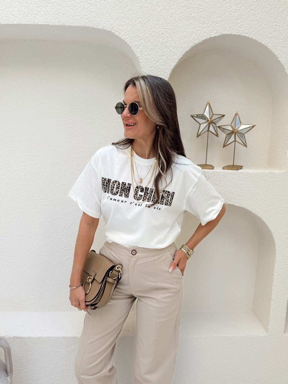 Nişantaşı Butik MON CHERİ LEOPAR DESEN YAZILI EKRU TSHİRT