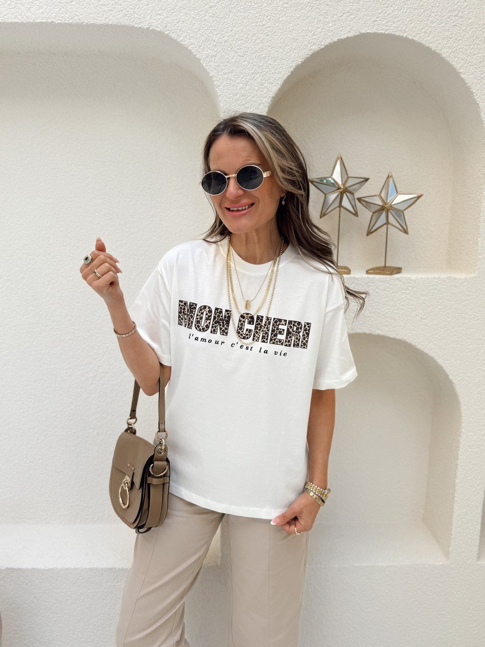 Nişantaşı Butik MON CHERİ LEOPAR DESEN YAZILI EKRU TSHİRT