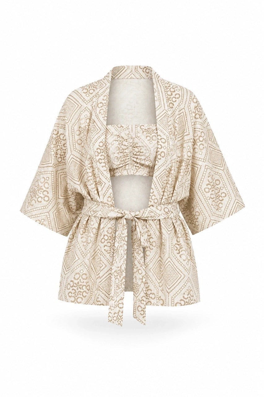 Nişantaşı Butik MUMLU BASKI DESEN NATURAL KİMONO CROP TAKIM