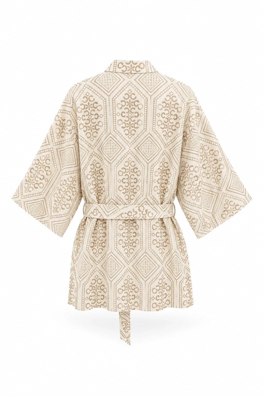 Nişantaşı Butik MUMLU BASKI DESEN NATURAL KİMONO CROP TAKIM