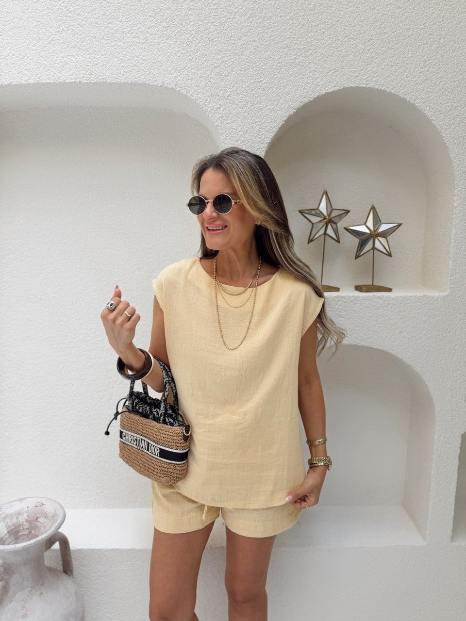 Nişantaşı Butik MÜSLİN KETEN ŞORT TAKIM LİME SARI