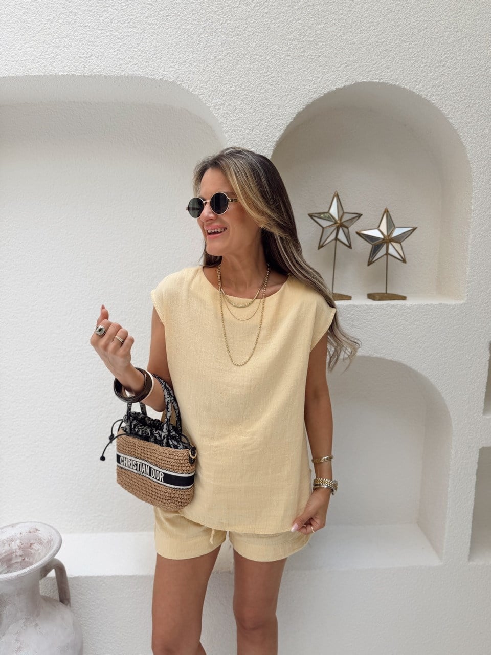 Nişantaşı Butik MÜSLİN KETEN ŞORT TAKIM LİME SARI