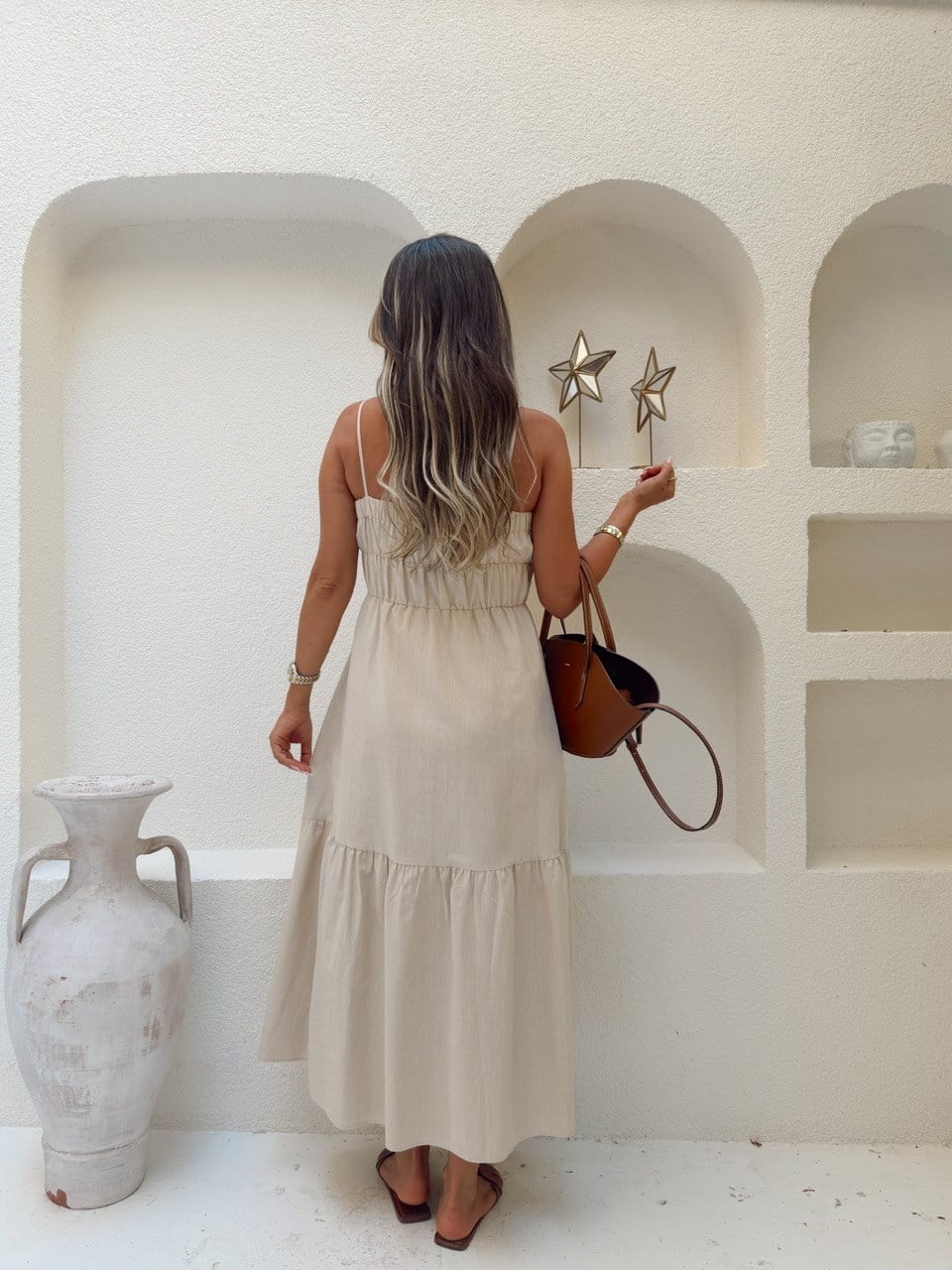 Nişantaşı Butik NATURAL ÇİZGİLİ KETEN ELBİSE