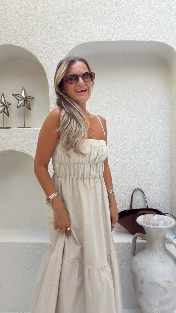 Nişantaşı Butik NATURAL ÇİZGİLİ KETEN ELBİSE