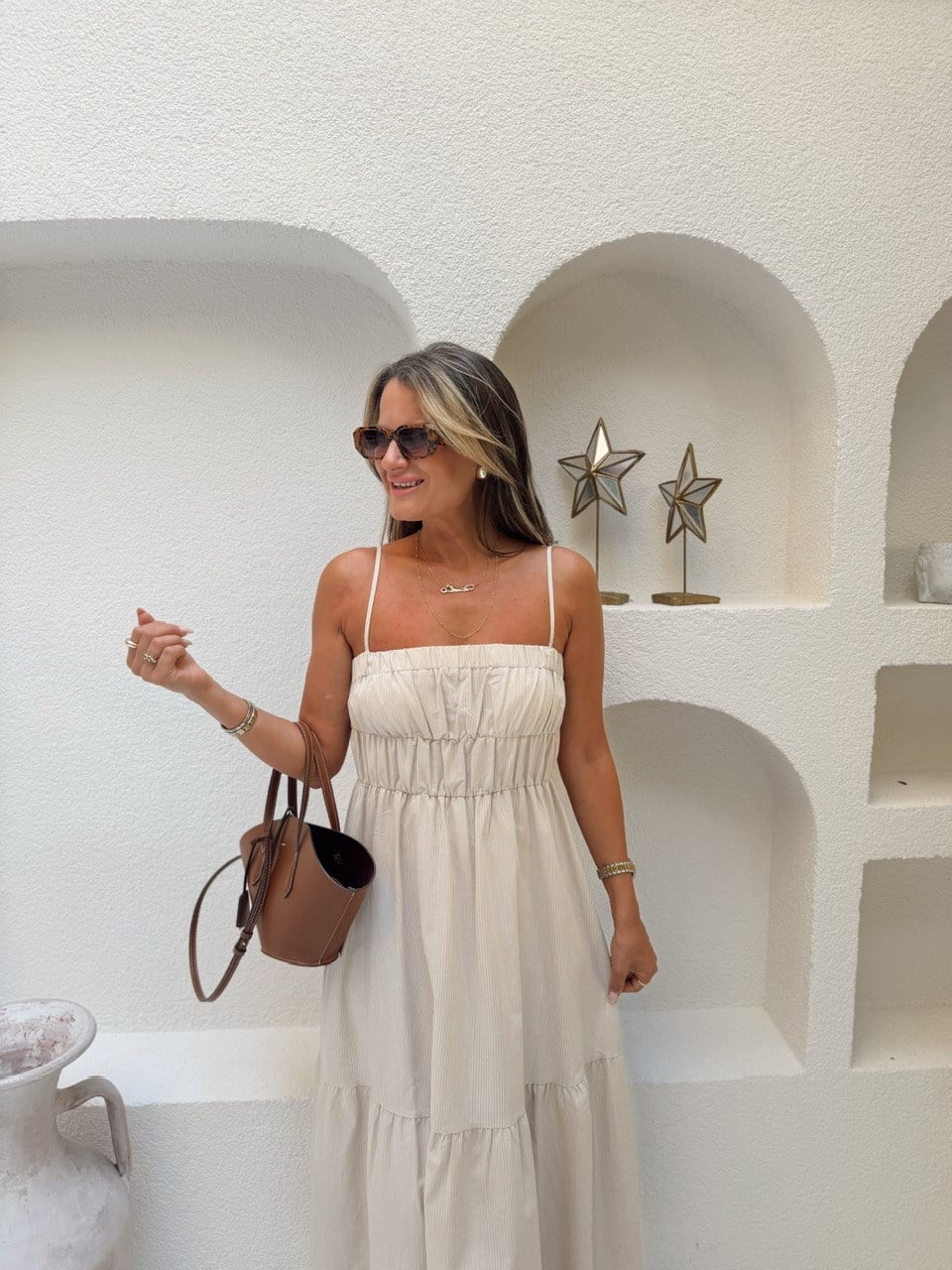 Nişantaşı Butik NATURAL ÇİZGİLİ KETEN ELBİSE