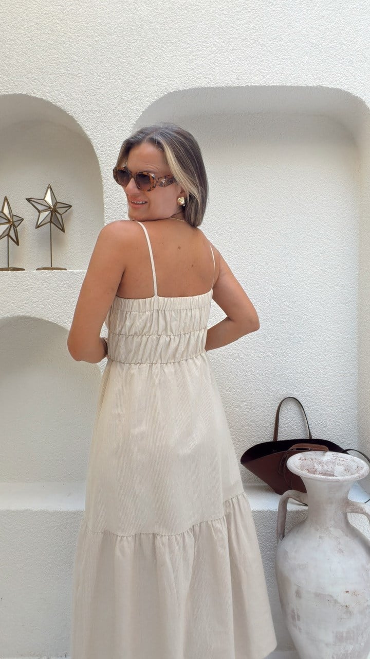 Nişantaşı Butik NATURAL ÇİZGİLİ KETEN ELBİSE