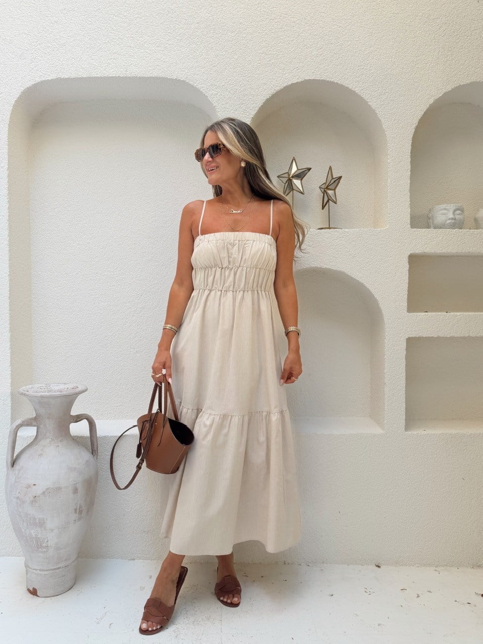 Nişantaşı Butik NATURAL ÇİZGİLİ KETEN ELBİSE