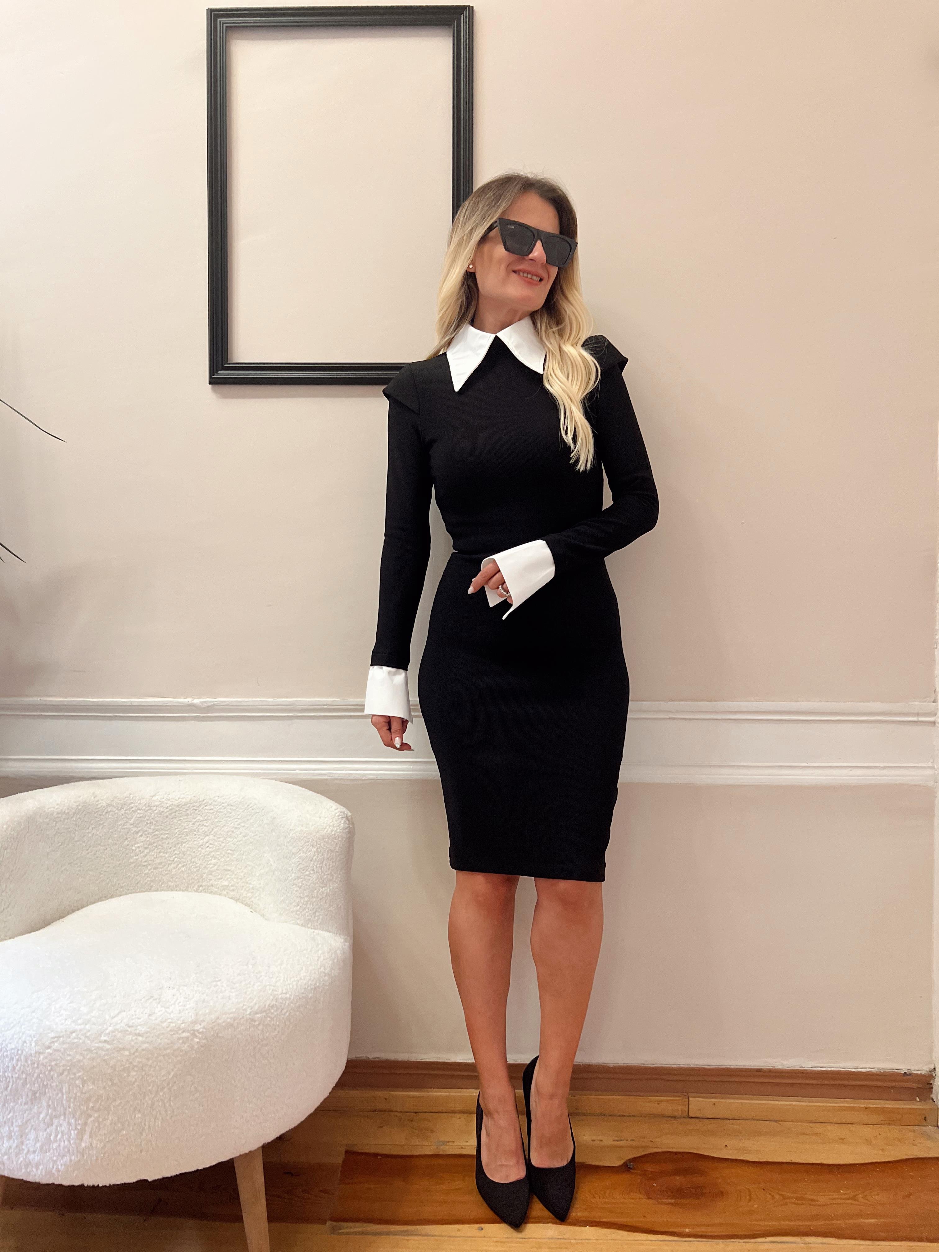 Nişantaşı Butik OMUZ EFEKT MANŞET DETAY GÖMLEK YAKA ELBİSE