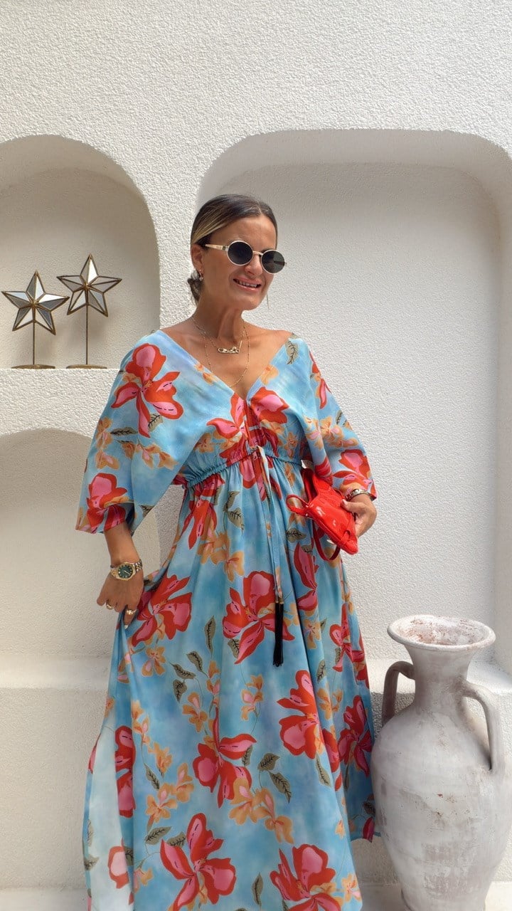 Nişantaşı Butik ÖN ARKA V YAKA MAXİ FLORAL ELBİSE