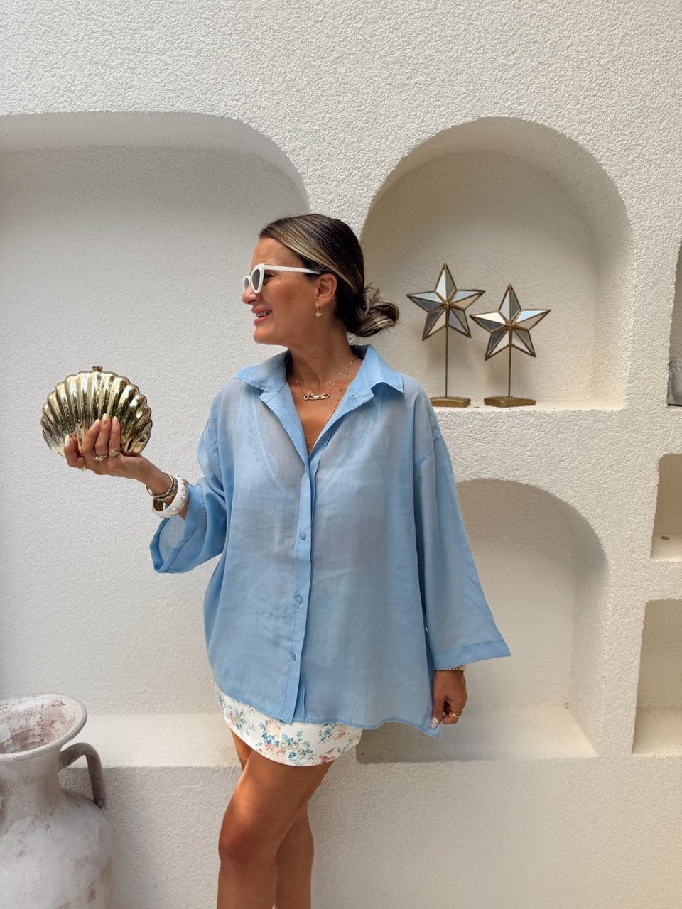 Nişantaşı Butik OVERSİZE TRANSPARAN GÖMLEK MAVİ