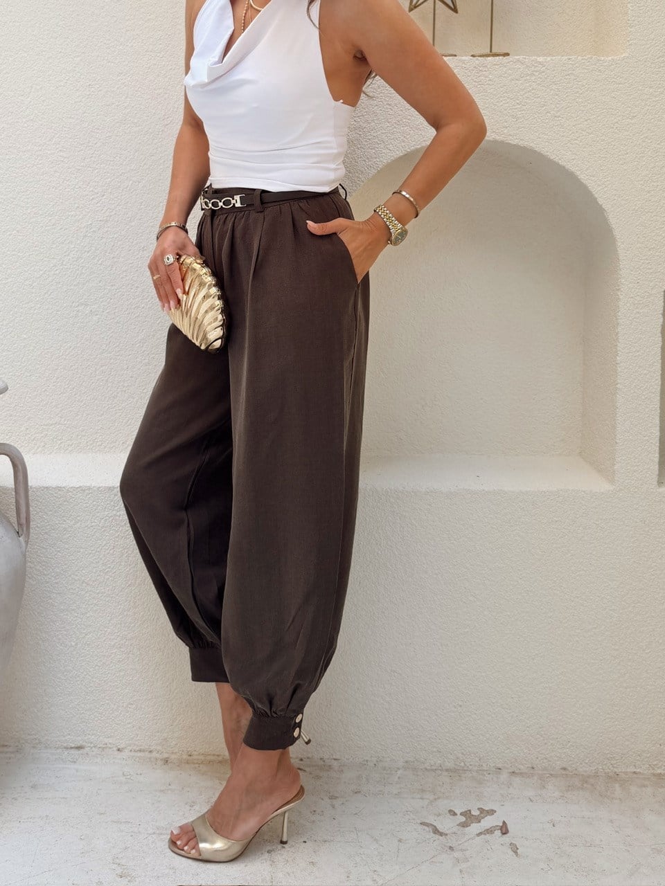 Nişantaşı Butik PAÇA DETAY ŞALVAR TENSEL KAHVE PANTOLON