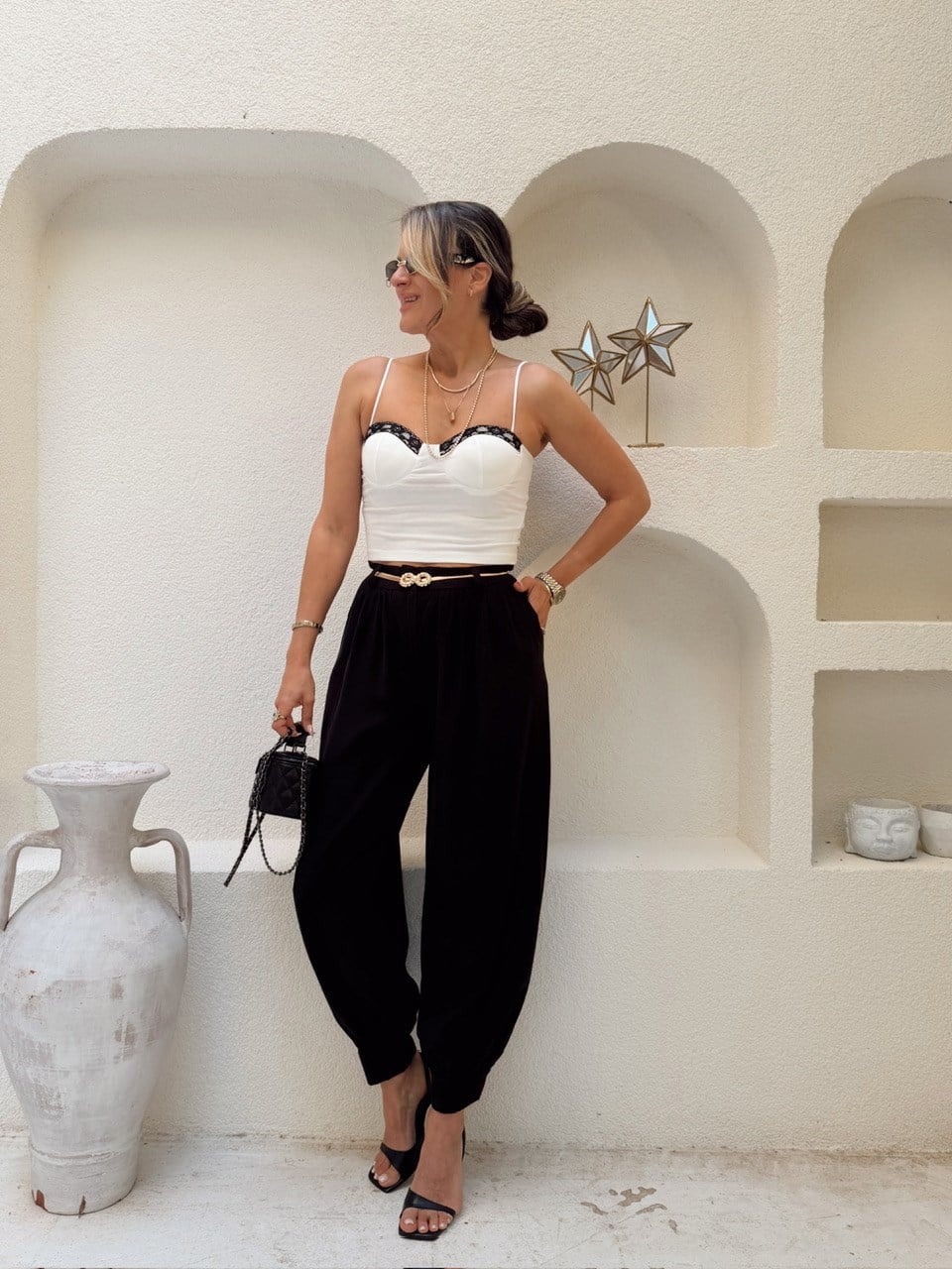 Nişantaşı Butik PAÇA DETAY ŞALVAR TENSEL SİYAH PANTOLON