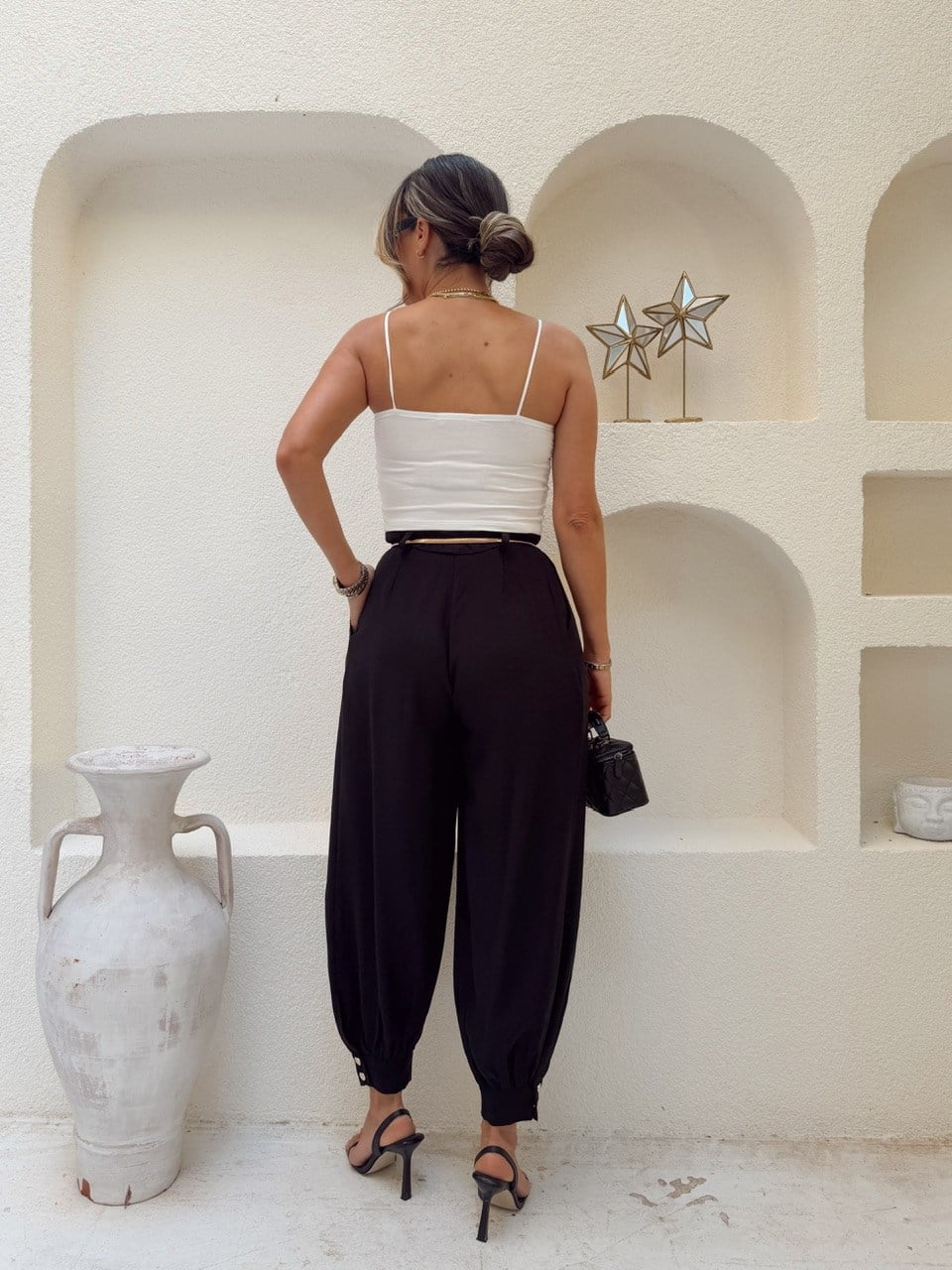 Nişantaşı Butik PAÇA DETAY ŞALVAR TENSEL SİYAH PANTOLON