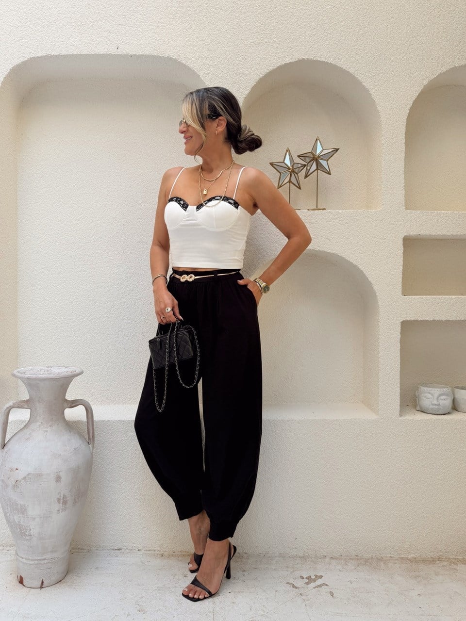 Nişantaşı Butik PAÇA DETAY ŞALVAR TENSEL SİYAH PANTOLON