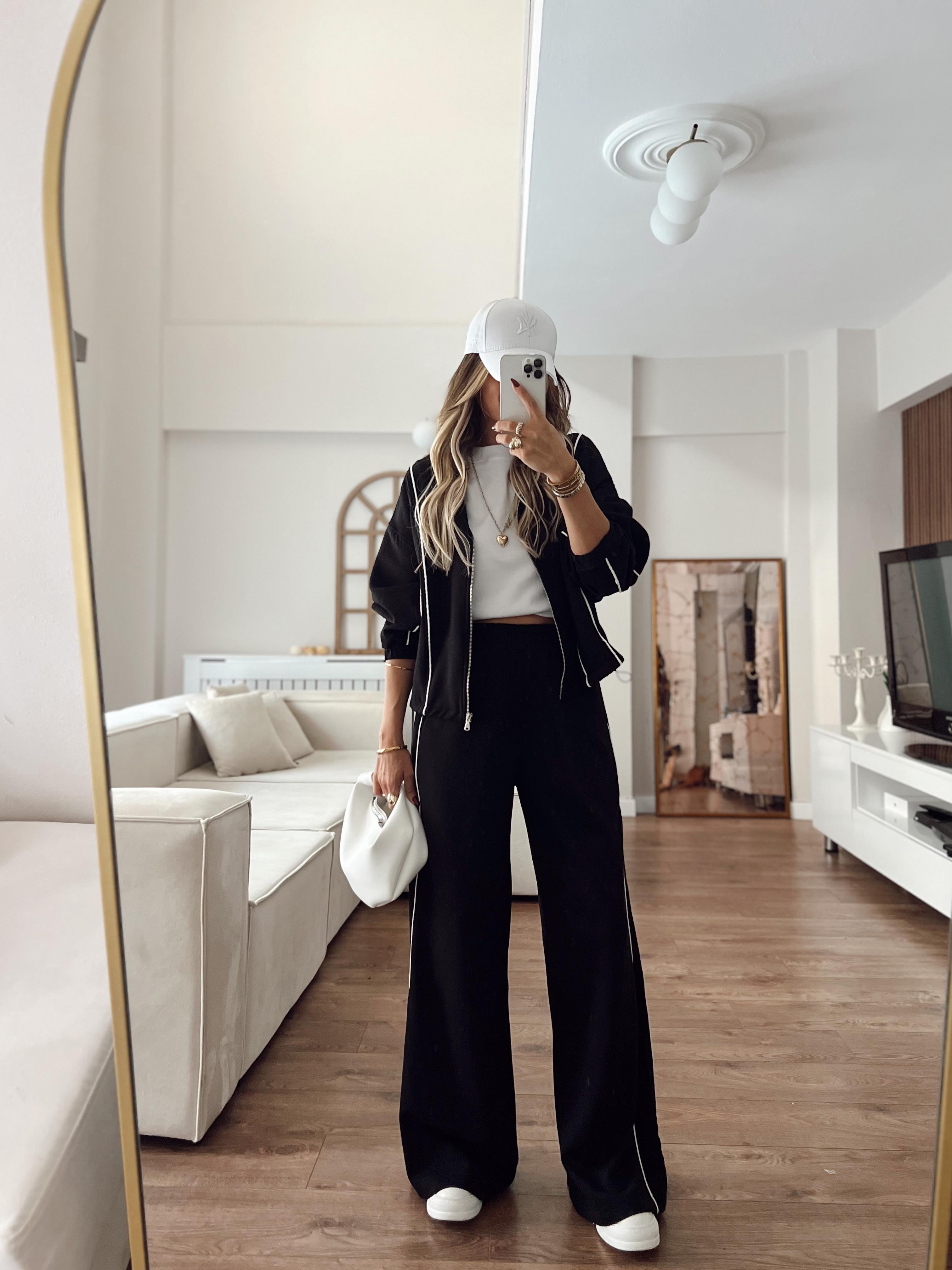 Nişantaşı Butik PARASÜT SERİT DETAY CEKET PANTOLON MODAL TAKIM SİYAH