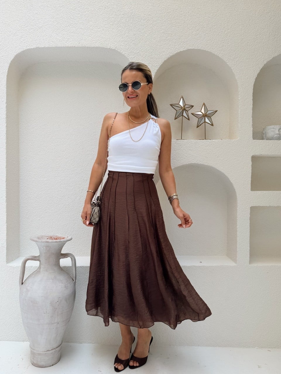 Nişantaşı Butik PARÇA DİKİŞLİ ASTARLI ETEK TATLI KAHVERENGİ