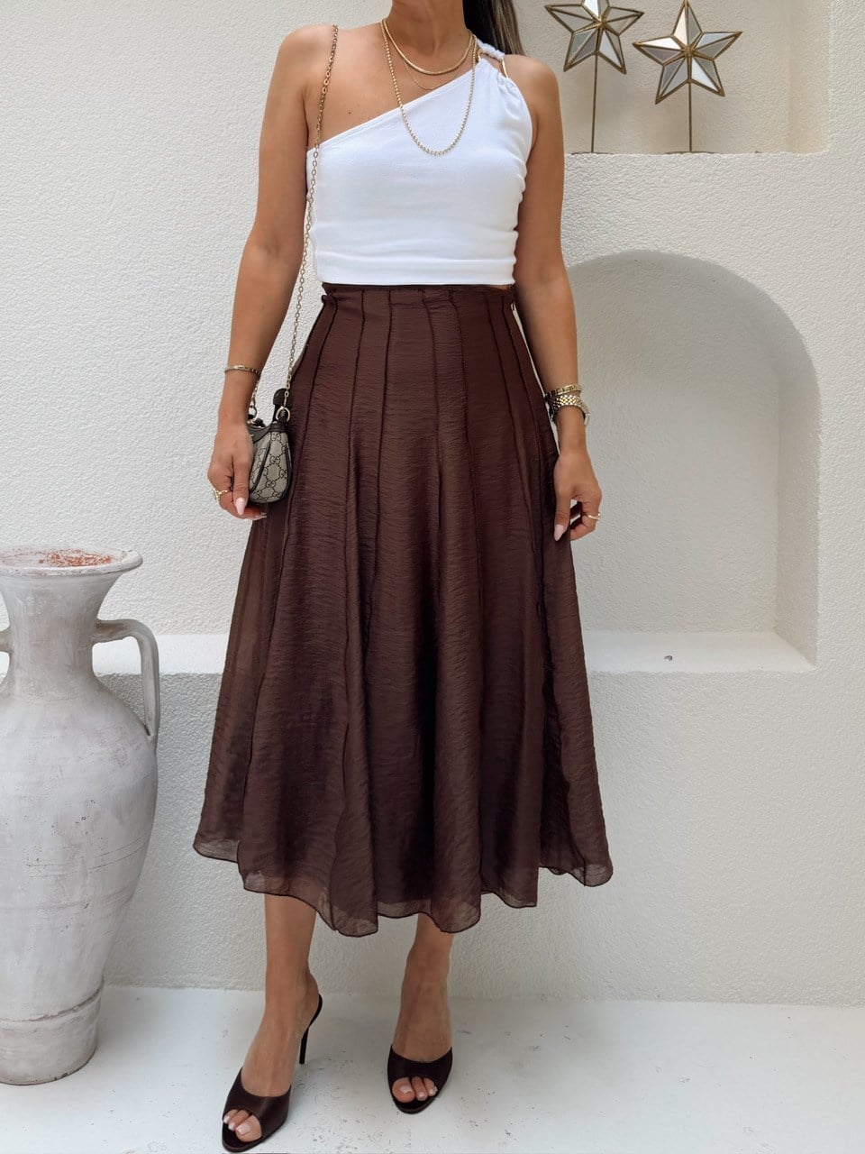 Nişantaşı Butik PARÇA DİKİŞLİ ASTARLI ETEK TATLI KAHVERENGİ