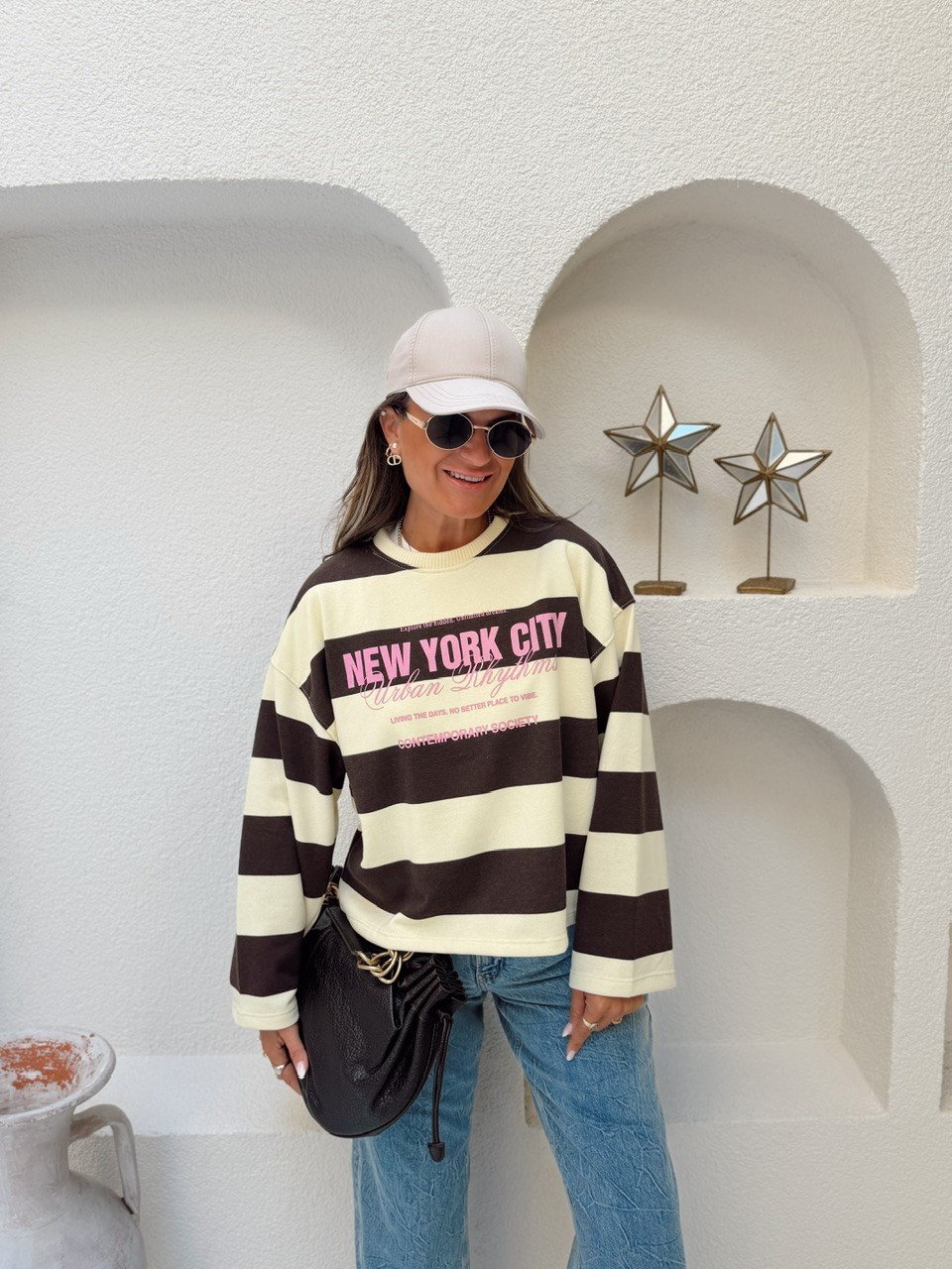 Nişantaşı Butik PEMBE YAZILI ÇİZGİLİ SWEAT BLUZ KAHVE-SARI