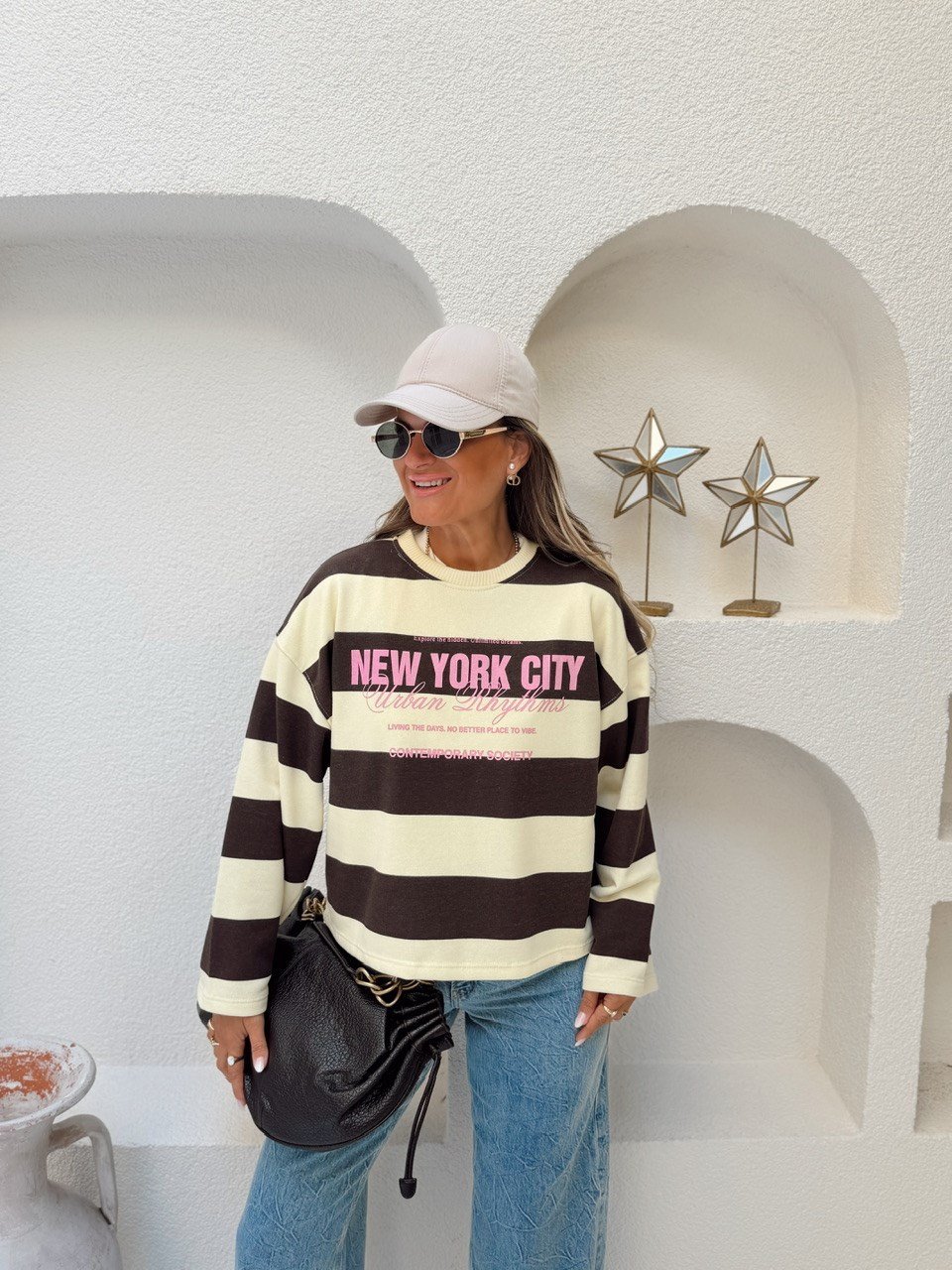 Nişantaşı Butik PEMBE YAZILI ÇİZGİLİ SWEAT BLUZ KAHVE-SARI