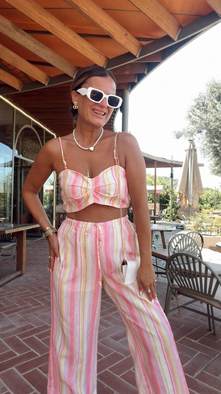 Nişantaşı Butik RENK ÇİZGİLİ KETEN CROP BLUZ