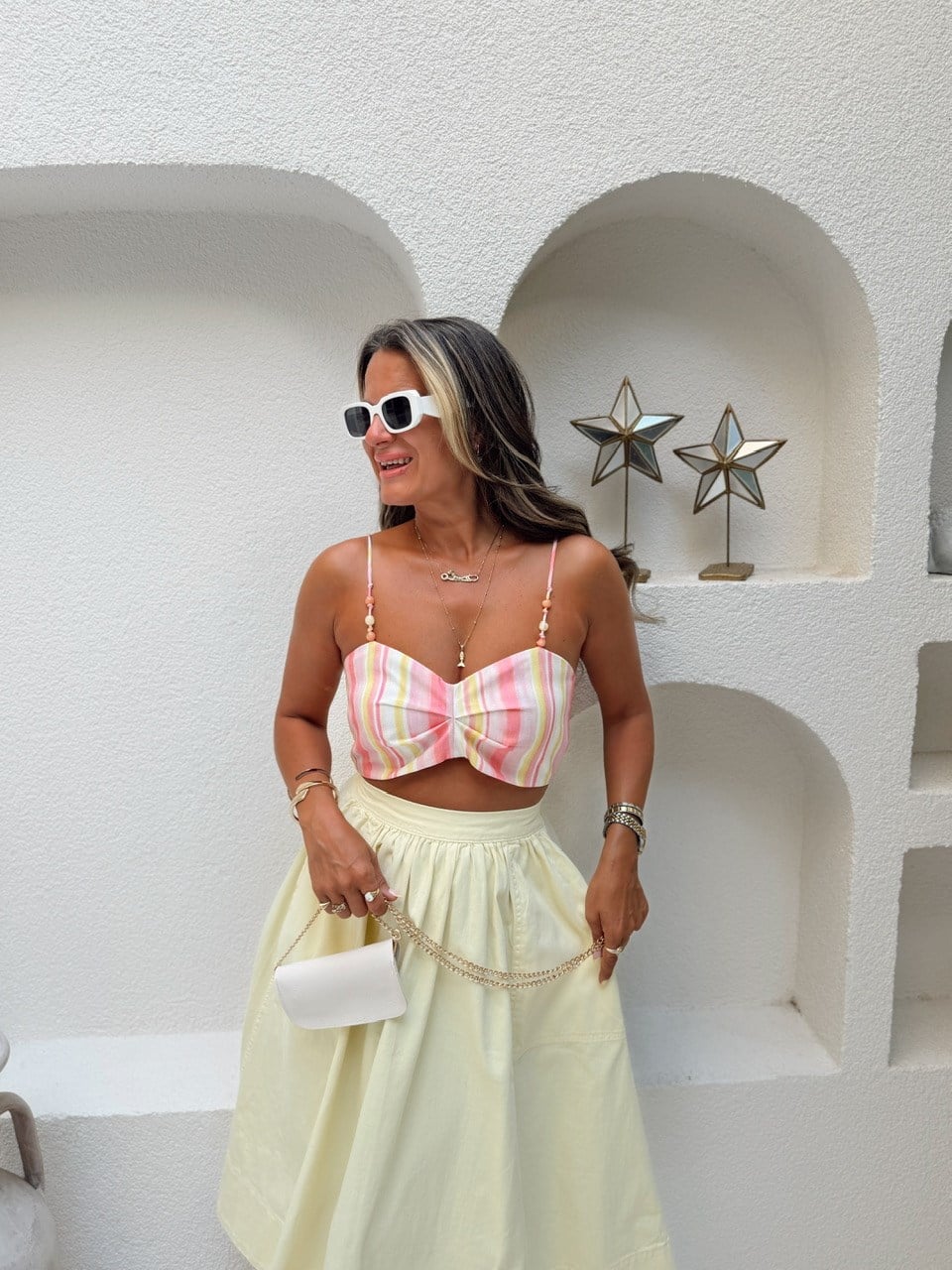 Nişantaşı Butik RENK ÇİZGİLİ KETEN CROP BLUZ