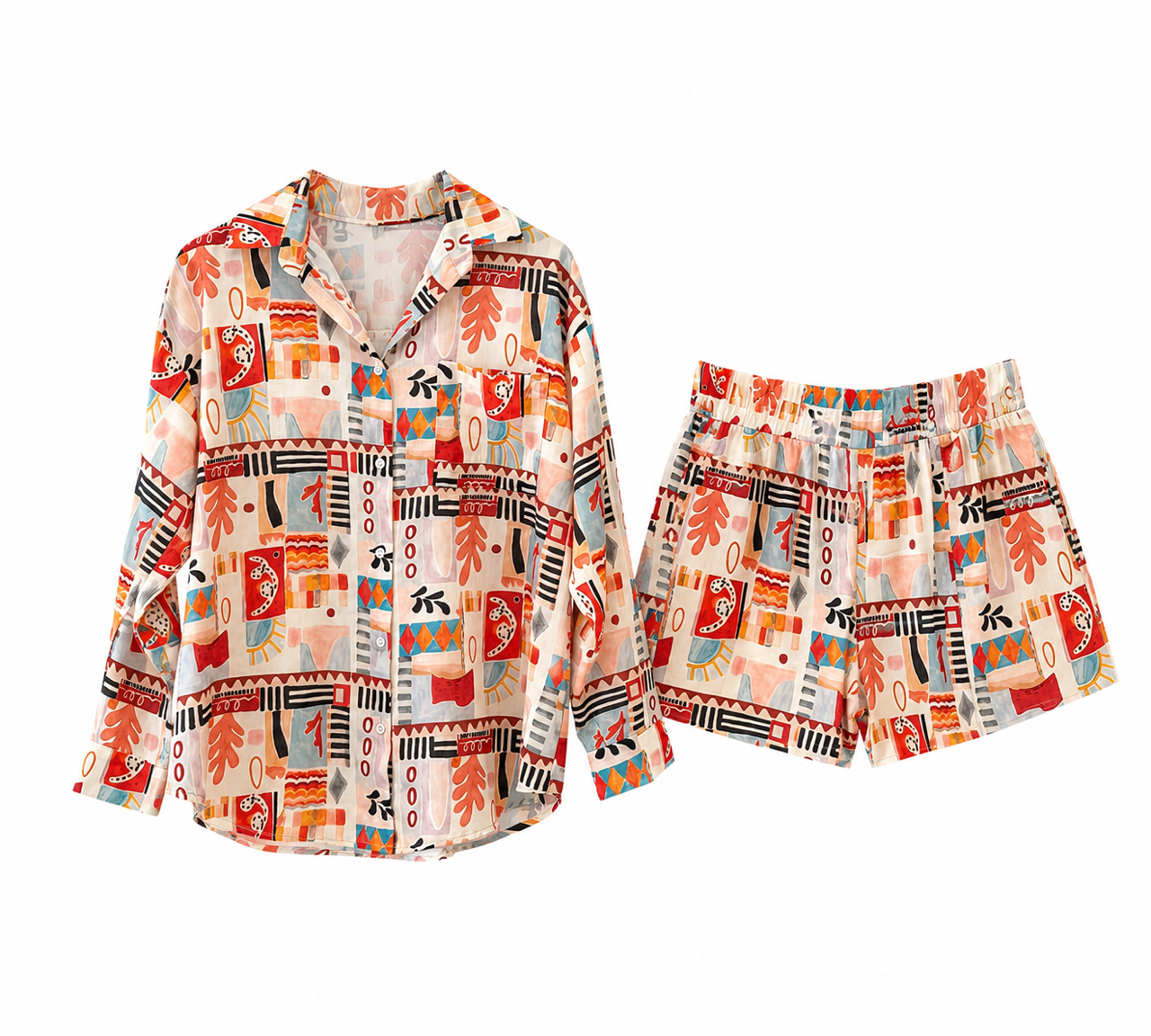 Nişantaşı Butik RENK DESENLİ GÖMLEK KEMERLİ ŞORT TAKIM