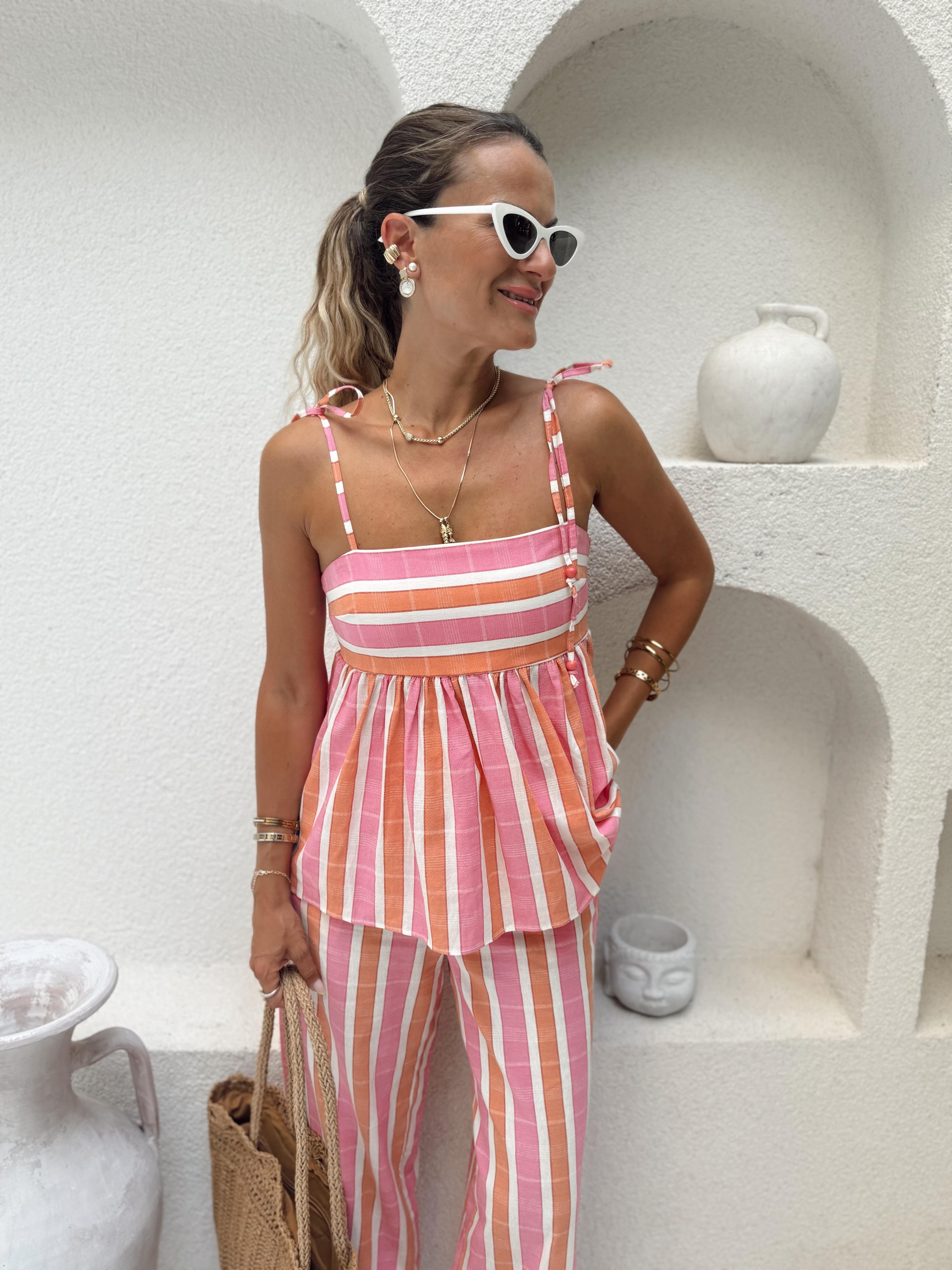 Nişantaşı Butik RENKLİ ÇİZGİLİ ASKILI KETEN BLUZ 