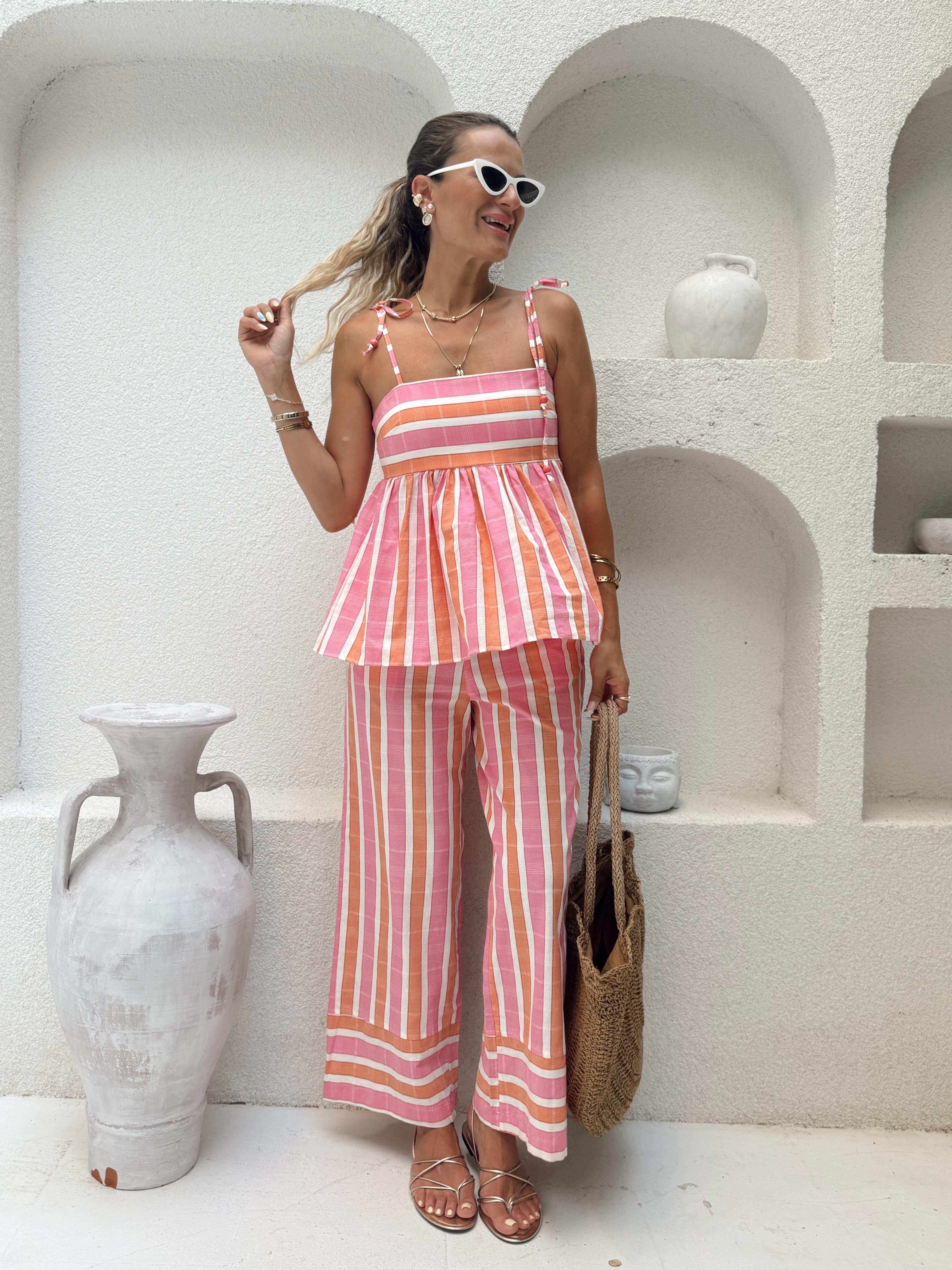 Nişantaşı Butik RENKLİ ÇİZGİLİ BOL PAÇA KETEN  PANTOLON