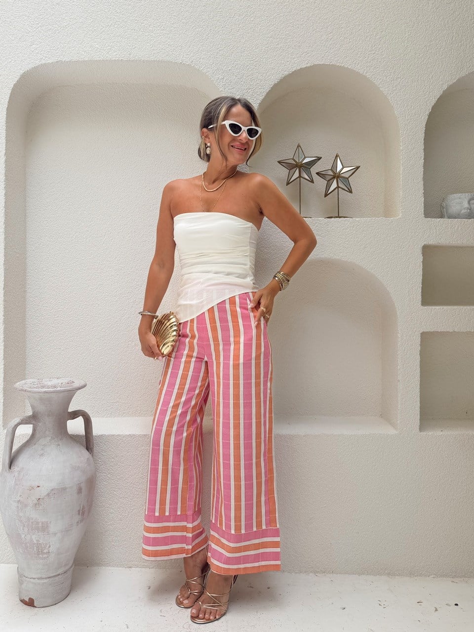 Nişantaşı Butik RENKLİ ÇİZGİLİ BOL PAÇA KETEN  PANTOLON