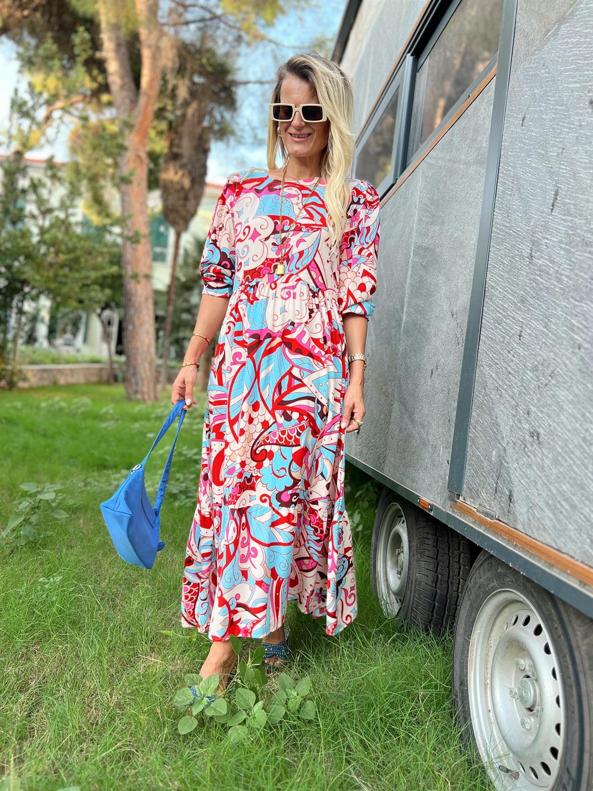 Nişantaşı Butik RENKLİ DESENLİ MAXİ PAMUK ELBİSE