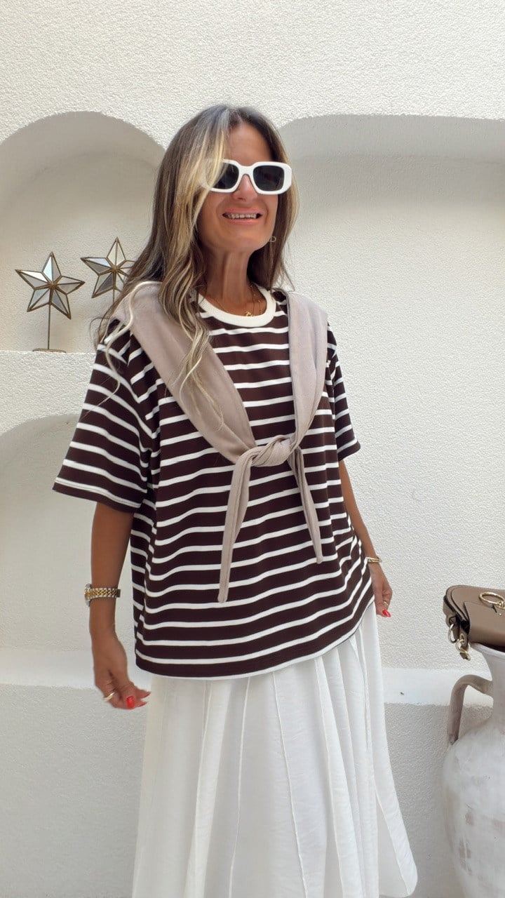 Nişantaşı Butik ŞAL DETAY ÇİZGİLİ BASİC BLUZ KAHVERENGİ