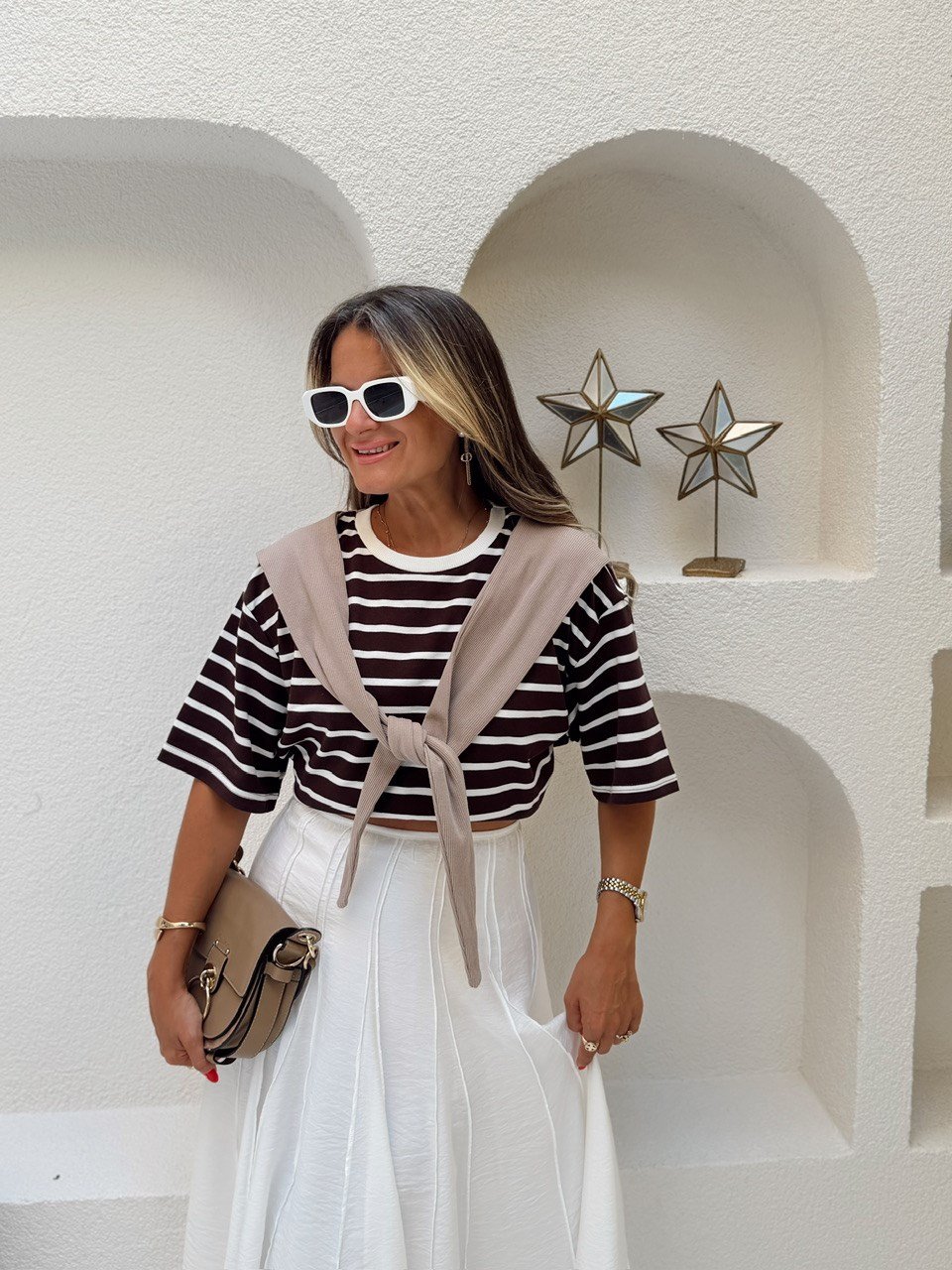 Nişantaşı Butik ŞAL DETAY ÇİZGİLİ BASİC BLUZ KAHVERENGİ