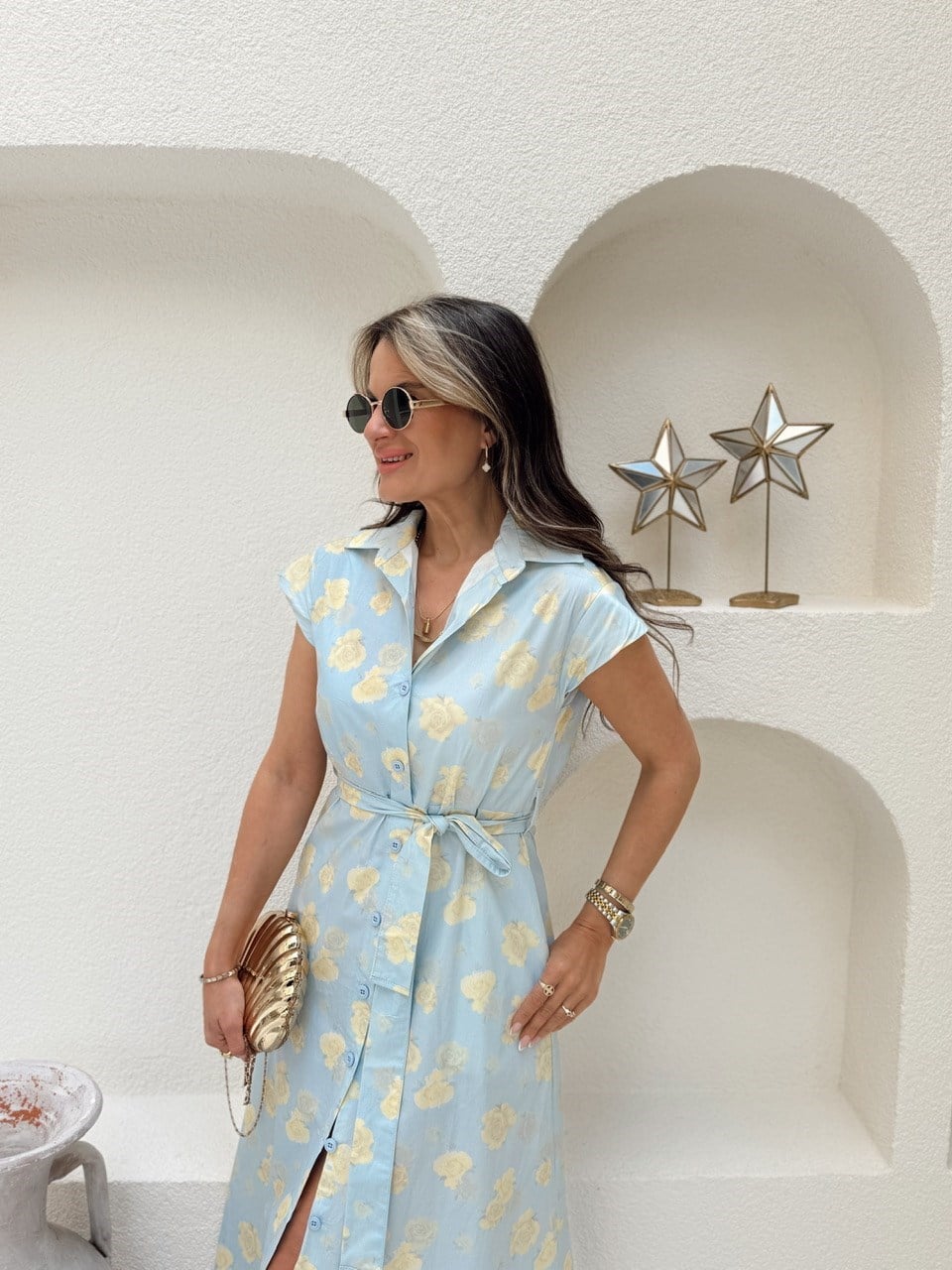 Nişantaşı Butik SARI ÇİÇEK DESEN BEBE MAVİ ELBİSE