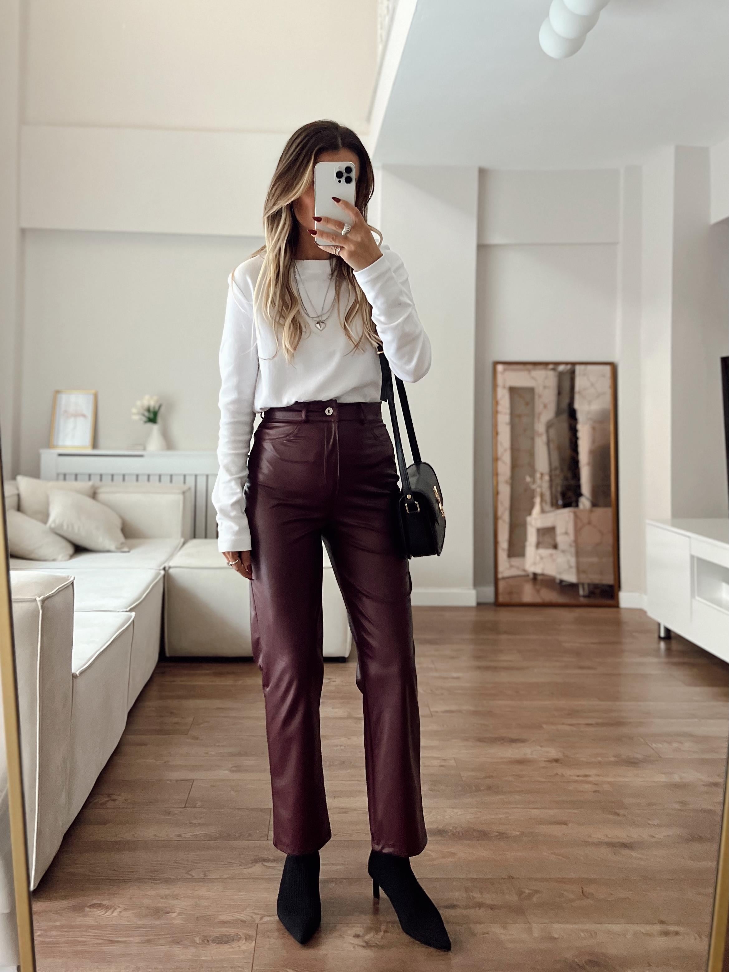 Nişantaşı Butik SICAK ASTARLI YENİ BORDO DERİ PANTOLON