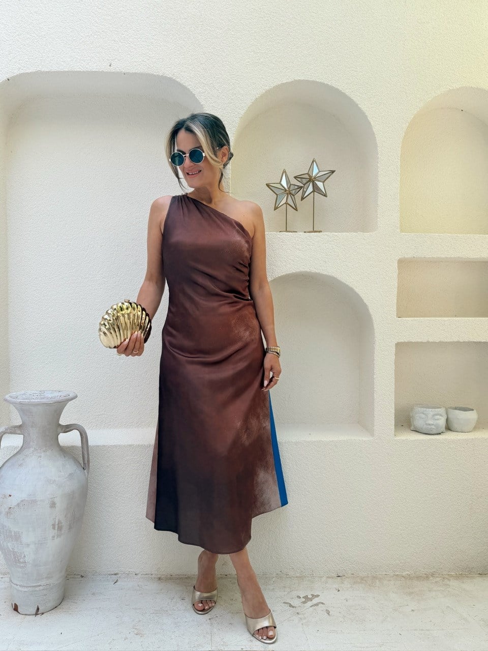 Nişantaşı Butik SIRT DETAY MAVİ KAHVE DESENLİ ELBİSE