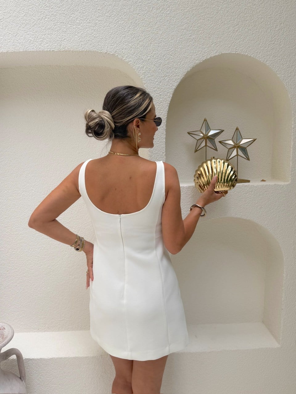 Nişantaşı Butik SIRT DETAY PENSLİ BEYAZ COTTON MİNİ ELBİSE