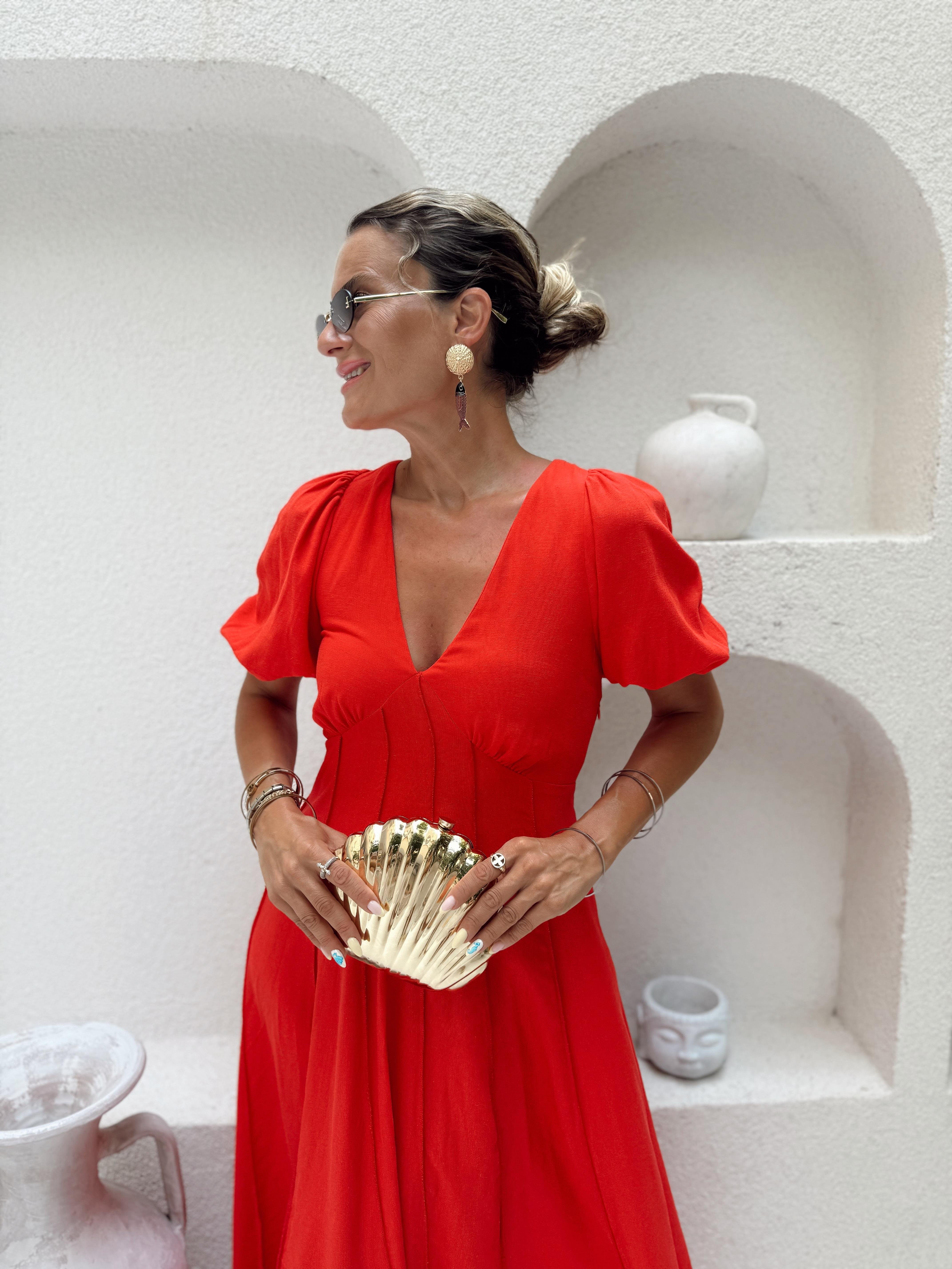 Nişantaşı Butik SIRT DETAY V YAKA MERCAN KIRMIZI ELBİSE