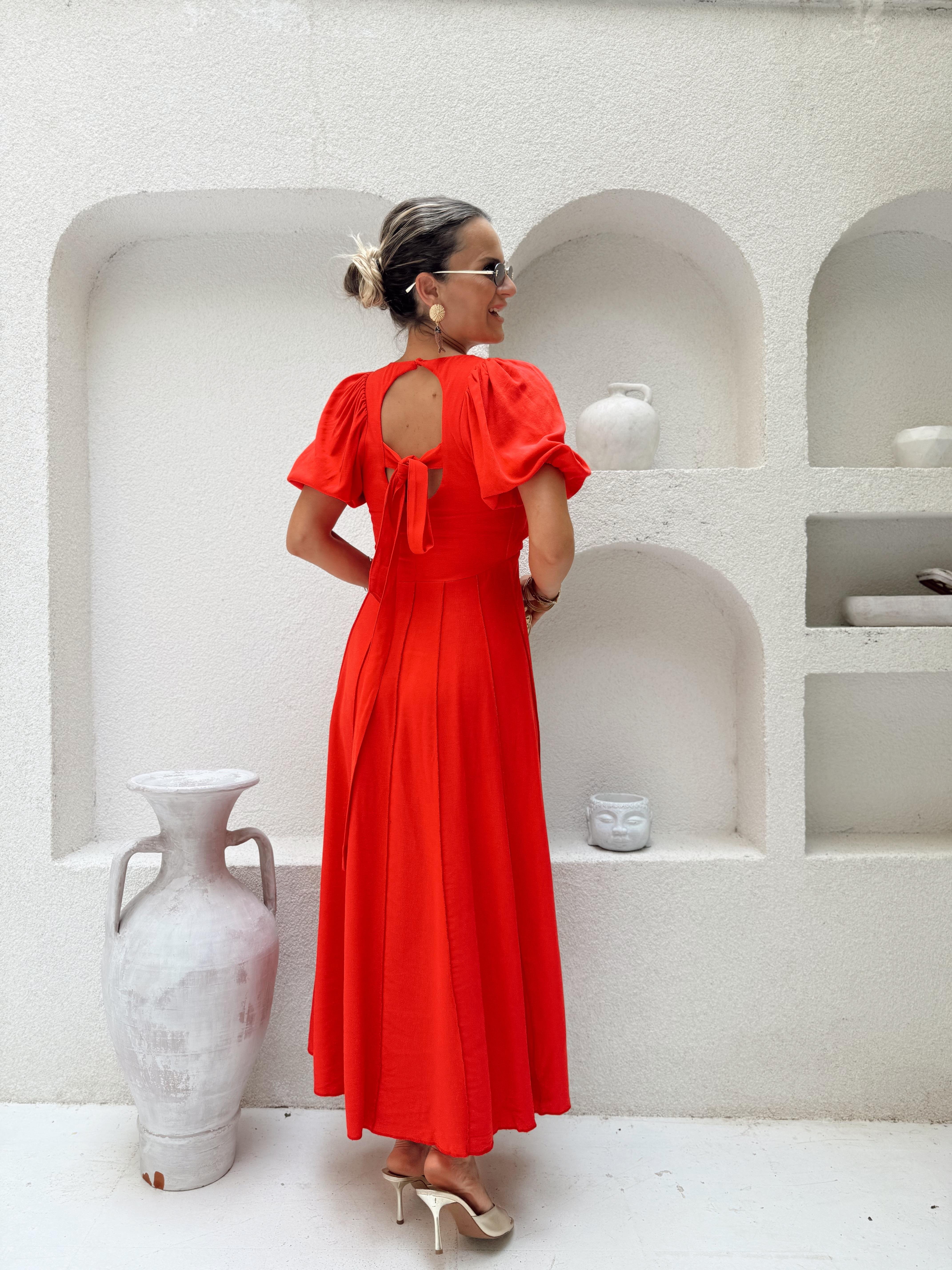 Nişantaşı Butik SIRT DETAY V YAKA MERCAN KIRMIZI ELBİSE