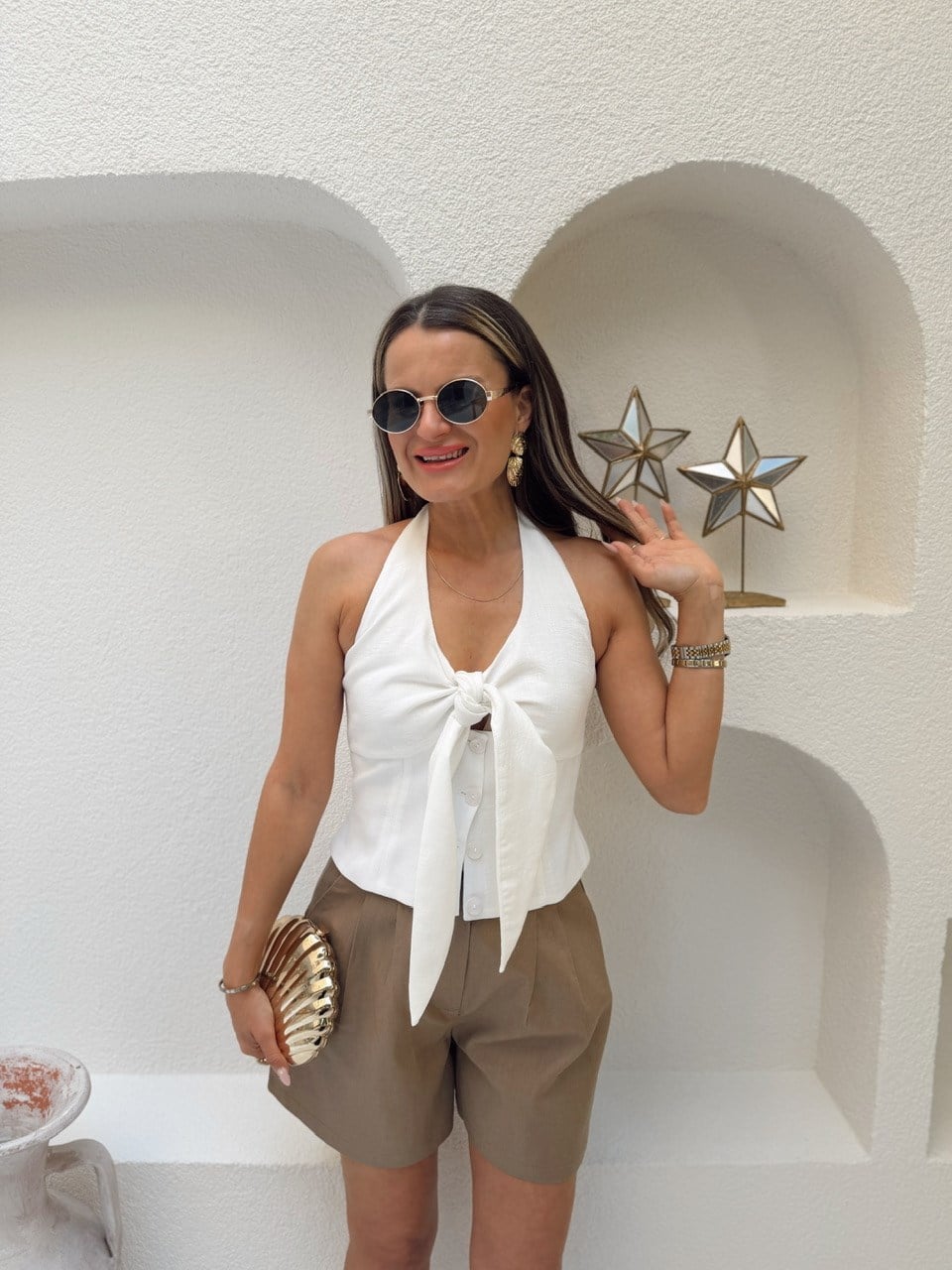 Nişantaşı Butik SIRT VE BAĞLAMA DETAY KETEN DÜĞMELİ BLUZ