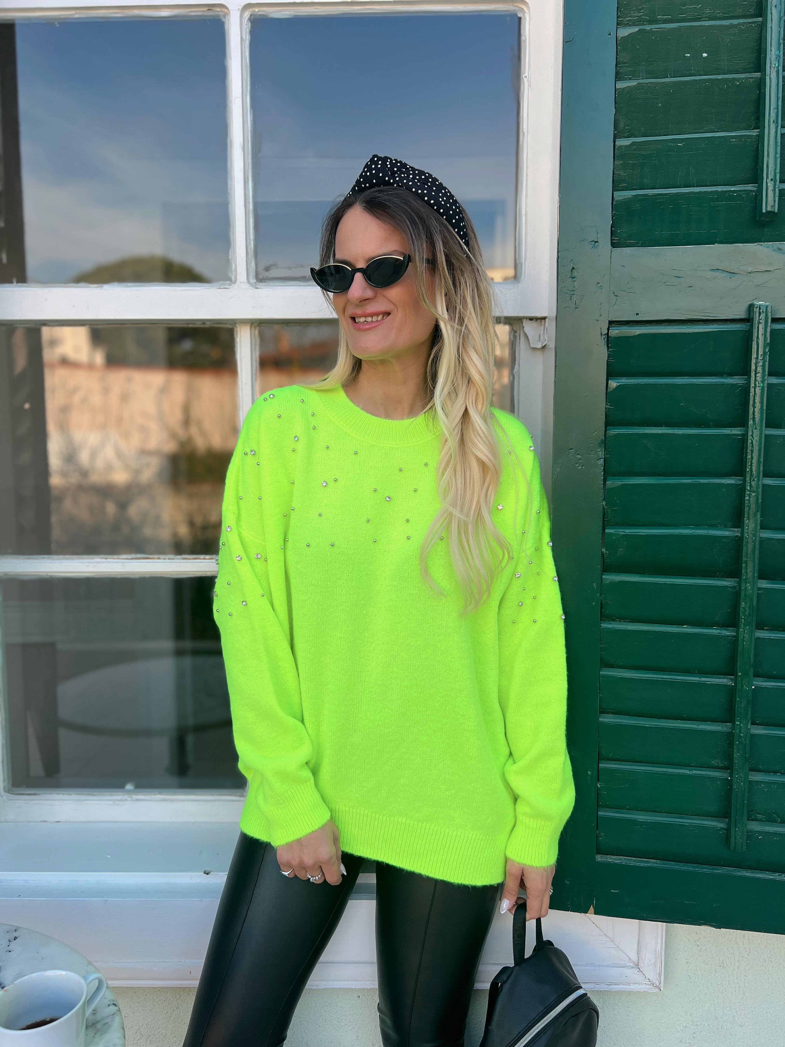 Nişantaşı Butik TAŞ DETAY KAZAK NEON YEŞİL