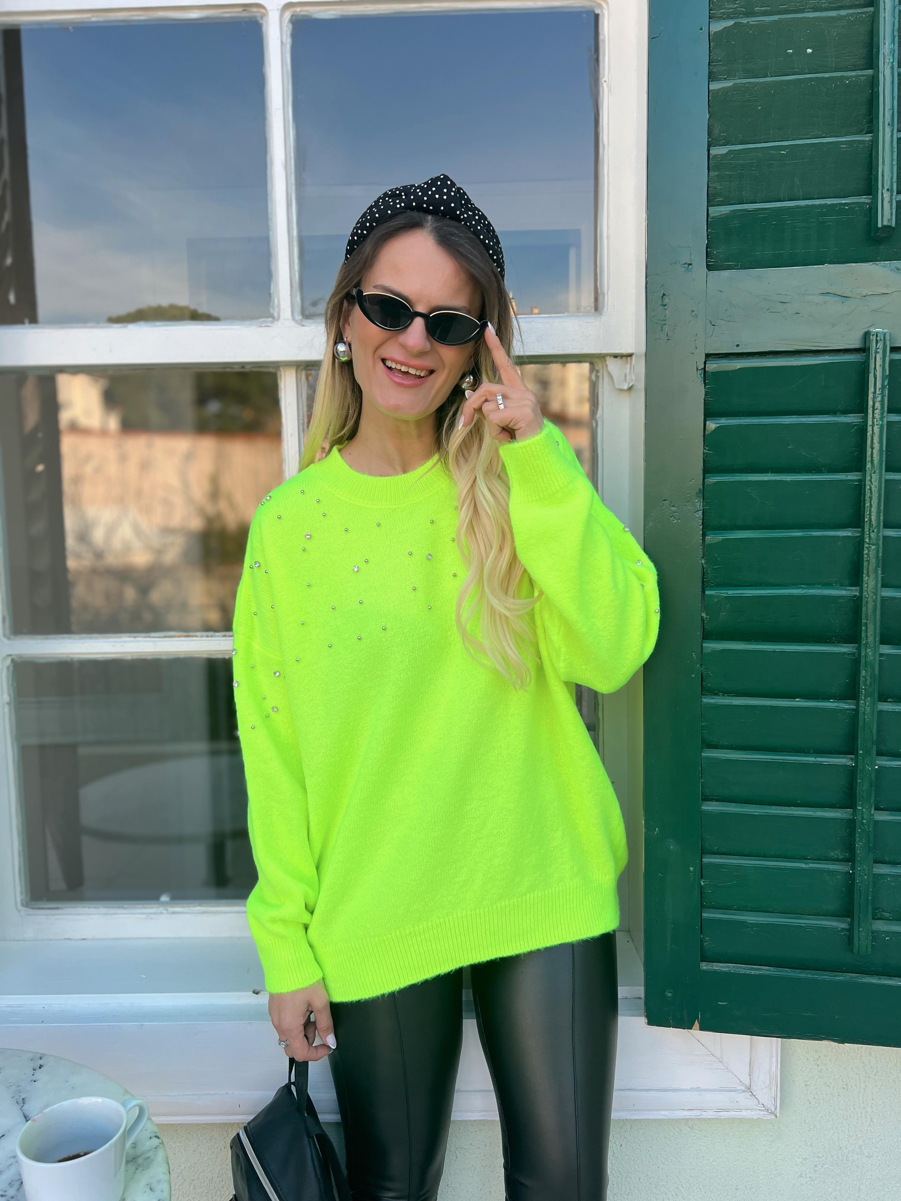 Nişantaşı Butik TAŞ DETAY KAZAK NEON YEŞİL
