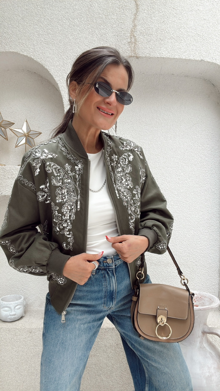 Nişantaşı Butik TAŞ NAKIŞ İŞLEMELİ CEKET HAKİ YEŞİL 