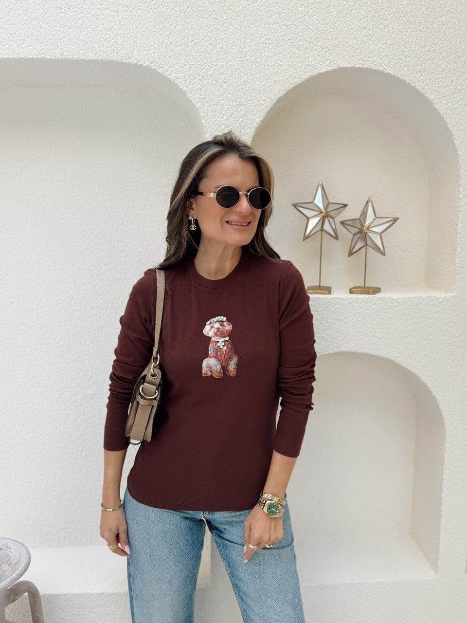 Nişantaşı Butik TAŞ VE BASKI DETAY BASIC  BLUZ KAHVERENGİ