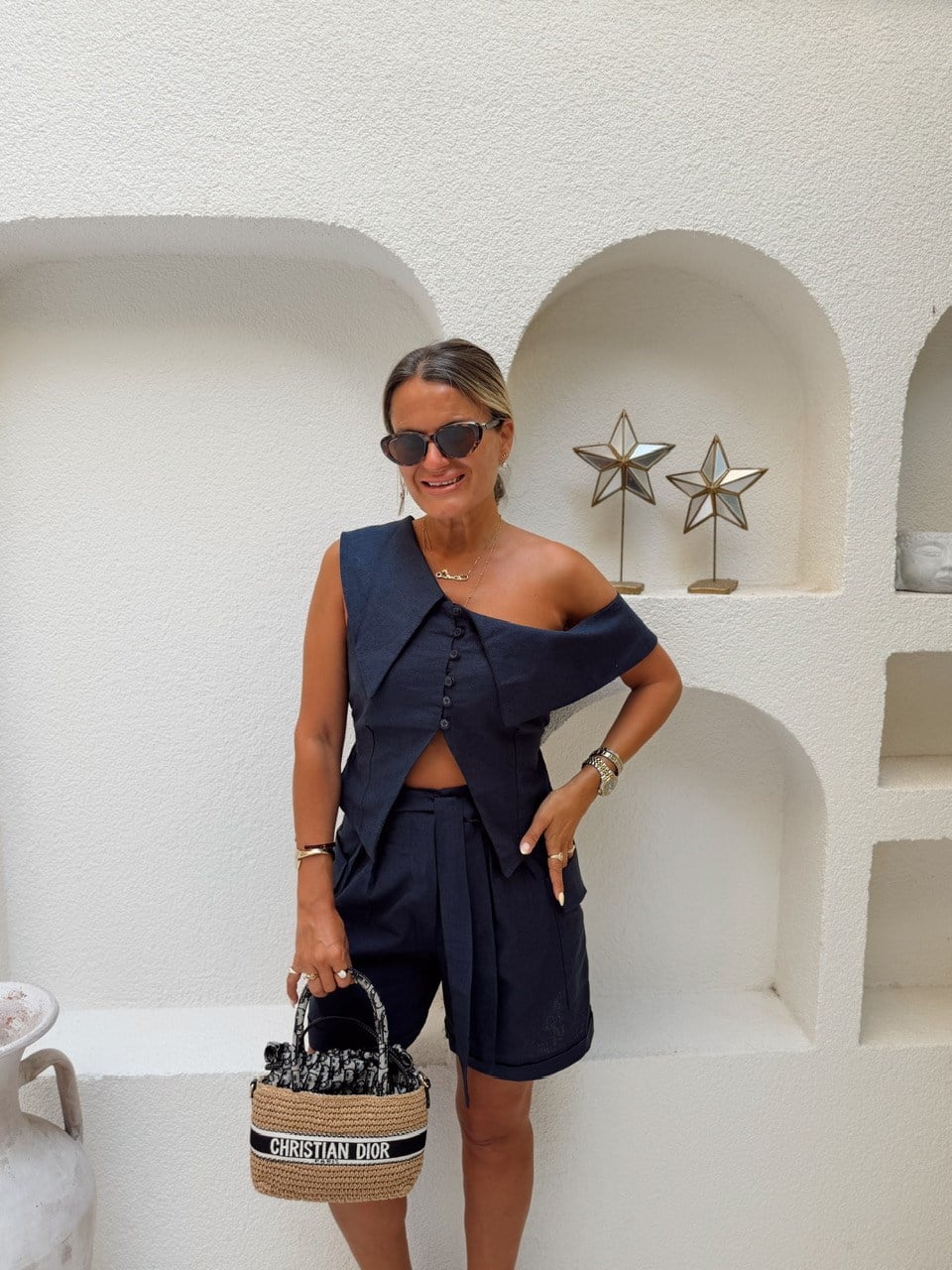 Nişantaşı Butik TASARIM BLUZ KUŞAKLI ŞORT KETEN TAKIM LACİVERT