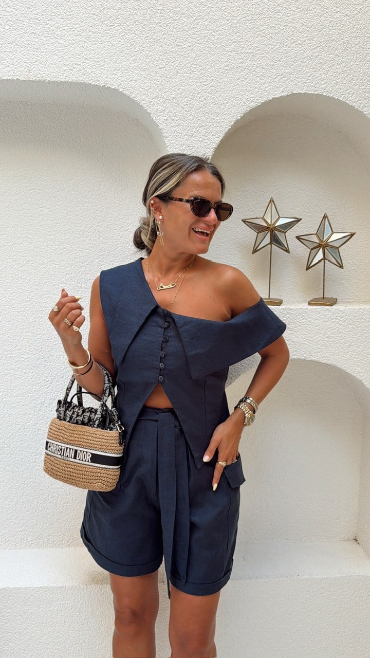Nişantaşı Butik TASARIM BLUZ KUŞAKLI ŞORT KETEN TAKIM LACİVERT