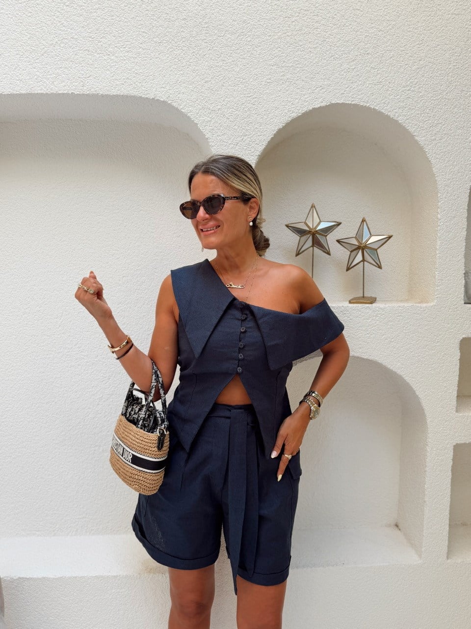 Nişantaşı Butik TASARIM BLUZ KUŞAKLI ŞORT KETEN TAKIM LACİVERT