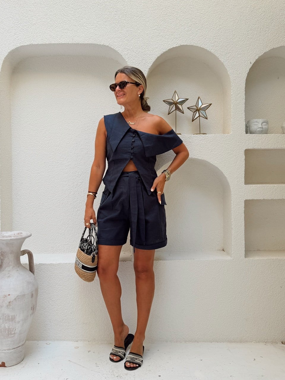 Nişantaşı Butik TASARIM BLUZ KUŞAKLI ŞORT KETEN TAKIM LACİVERT